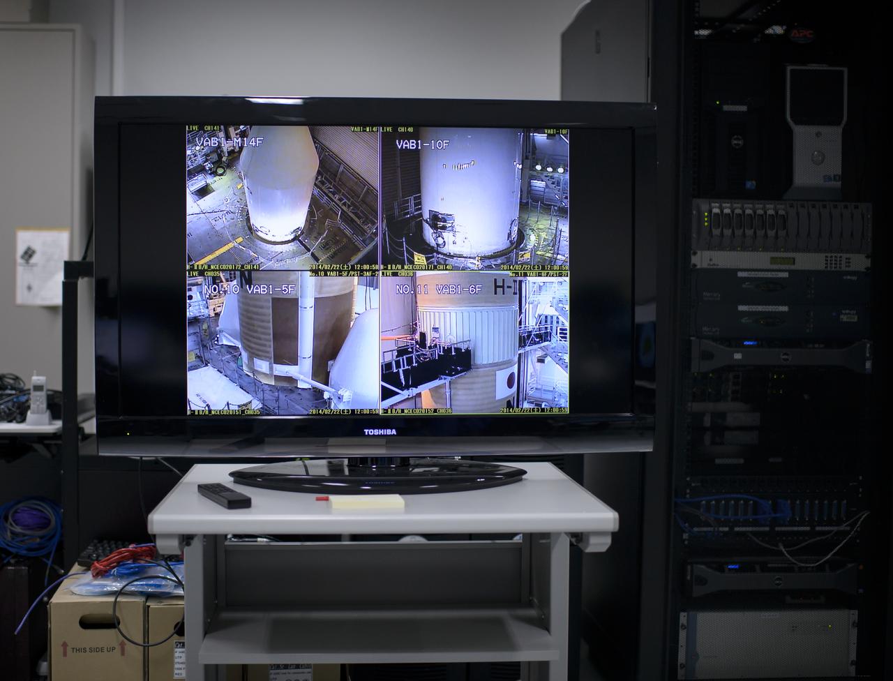 A live television view of the H-IIA rocket, with the Global Precipitation Measurement (GPM) Core Observatory onboard, is seen inside the Spacecraft Test and Assembly Building 2 (STA2) during an all-day launch simulation, Saturday, Feb. 22, 2014, Tanegashima Space Center (TNSC), Tanegashima Island, Japan. Japan Aerospace Exploration Agency (JAXA) plans to launch an H-IIA rocket carrying the GPM Core Observatory on Feb. 28, 2014. The NASA-JAXA GPM spacecraft will collect information that unifies data from an international network of existing and future satellites to map global rainfall and snowfall every three hours. Photo Credit: (NASA/Bill Ingalls)