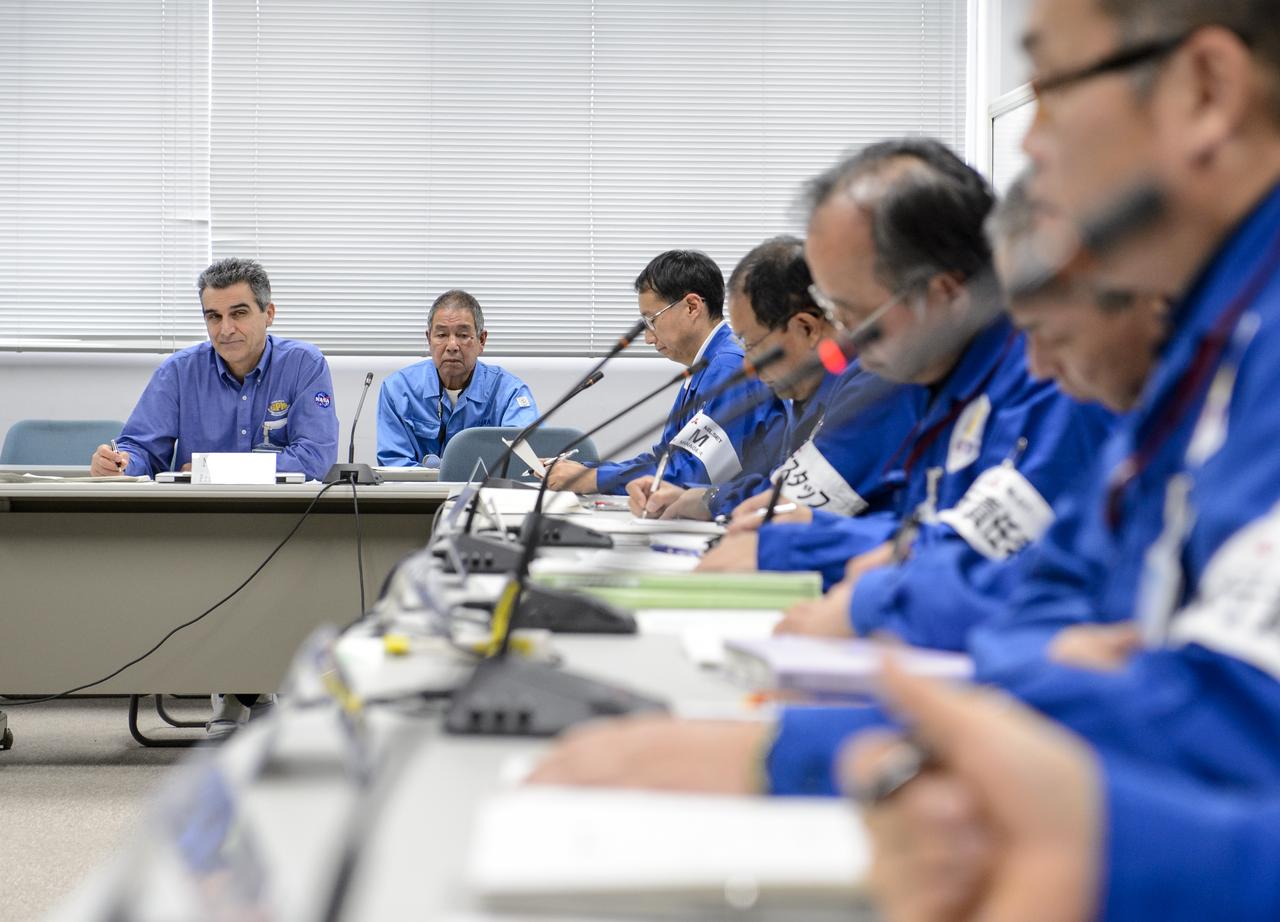 Art Azarbarzin, NASA Global Precipitation Measurement (GPM) project manager, left, participates in the GPM Launch Readiness Review (LRR) along with Chief officers from Mitsubishi Heavy Industries, Ltd., and the Japan Aerospace Exploration Agency (JAXA) on Wednesday, Feb. 26, 2014 at Tanegashima Space Center, Japan. The spacecraft is scheduled to launch aboard an H-IIA rocket early on the morning of Feb. 28 Japan time.  At the meeting in the space center's Range Control Center, all preparations to date were reviewed and approval was given to proceed with launch on schedule.  Once launched, the GPM spacecraft will collect information that unifies data from an international network of existing and future satellites to map global rainfall and snowfall every three hours.  Photo Credit: (NASA/Bill Ingalls)