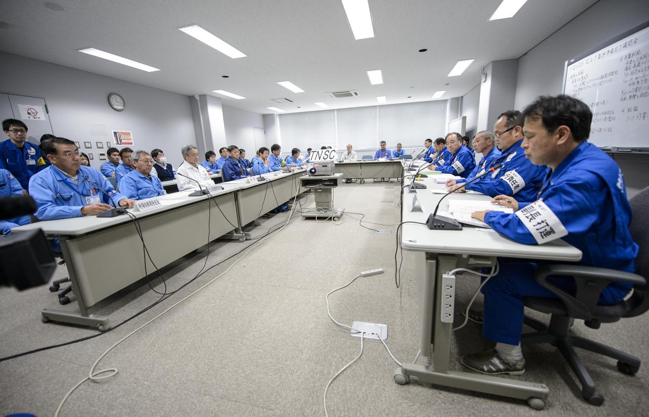 Chief officers from Mitsubishi Heavy Industries, Ltd., the Japan Aerospace Exploration Agency (JAXA) and NASA met on Wednesday, Feb. 26, 2014 in the Range Control Center (RCC) of the Tanegashima Space Center, Japan, to review the readiness of the Global Precipitation Measurement (GPM) Core Observatory for launch. The spacecraft is scheduled to launch aboard an H-IIA rocket early on the morning of Feb. 28 Japan time. Once launched, the GPM spacecraft will collect information that unifies data from an international network of existing and future satellites to map global rainfall and snowfall every three hours.  Photo Credit: (NASA/Bill Ingalls)