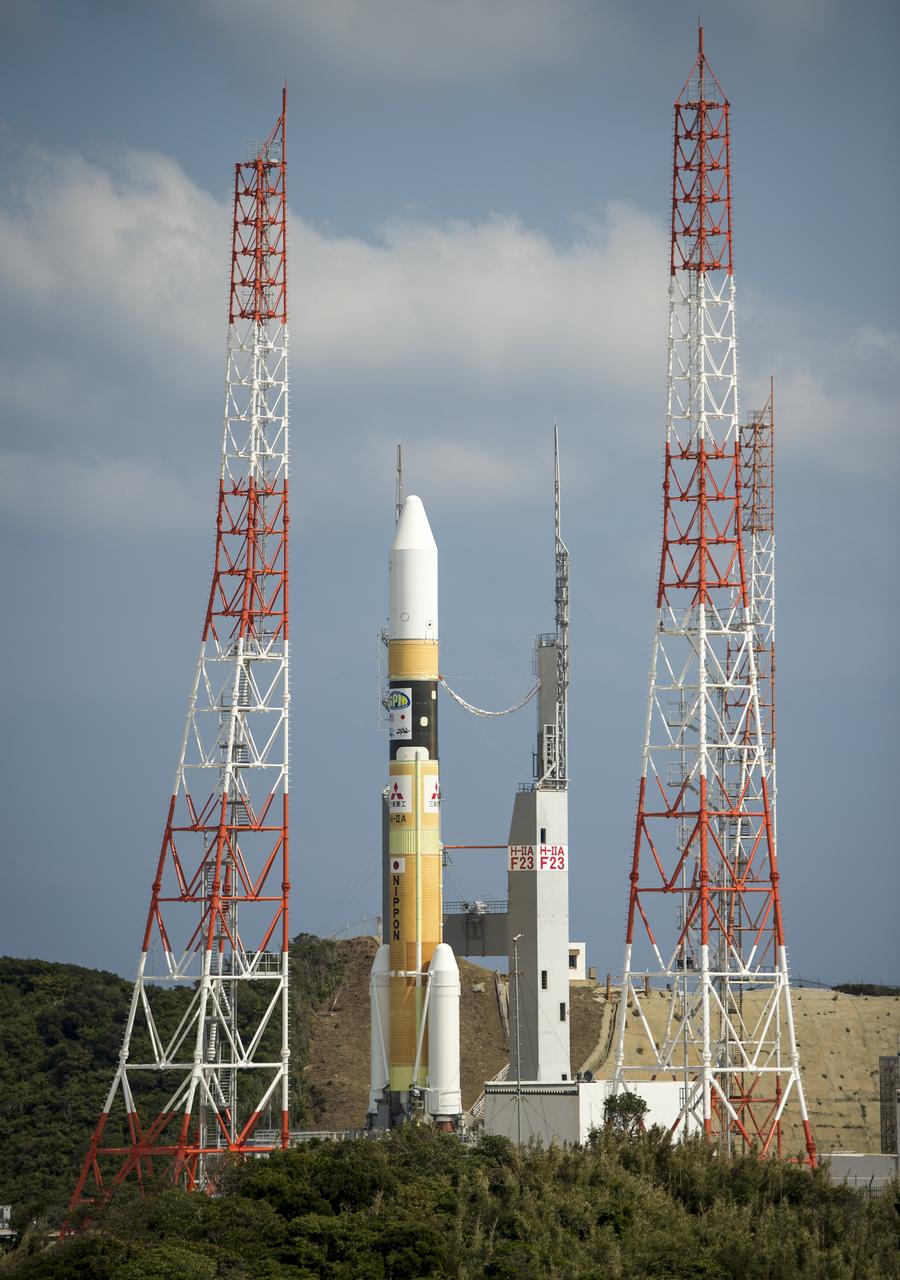 A Japanese H-IIA rocket carrying the NASA-Japan Aerospace Exploration Agency (JAXA), Global Precipitation Measurement (GPM) Core Observatory is seen as it rolls out to launch pad 1 of the Tanegashima Space Center, Thursday, Feb. 27, 2014, Tanegashima, Japan. Once launched, the GPM spacecraft will collect information that unifies data from an international network of existing and future satellites to map global rainfall and snowfall every three hours.  Photo Credit: (NASA/Bill Ingalls)