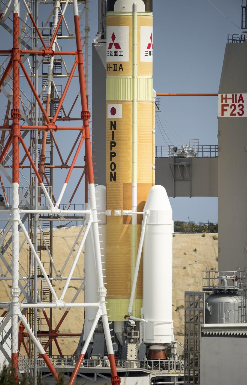 A Japanese H-IIA rocket carrying the NASA-Japan Aerospace Exploration Agency (JAXA), Global Precipitation Measurement (GPM) Core Observatory is seen as it rolls out to launch pad 1 of the Tanegashima Space Center, Thursday, Feb. 27, 2014, Tanegashima, Japan. Once launched, the GPM spacecraft will collect information that unifies data from an international network of existing and future satellites to map global rainfall and snowfall every three hours.  Photo Credit: (NASA/Bill Ingalls)