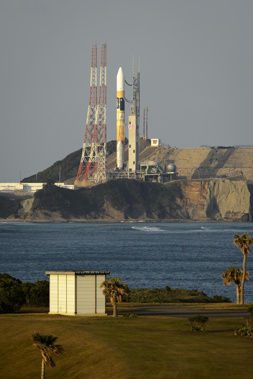A Japanese H-IIA rocket with the NASA-Japan Aerospace Exploration Agency (JAXA), Global Precipitation Measurement (GPM) Core Observatory onboard is seen on launch pad 1 of the Tanegashima Space Center, Thursday, Feb. 27, 2014, Tanegashima, Japan. Once launched, the GPM spacecraft will collect information that unifies data from an international network of existing and future satellites to map global rainfall and snowfall every three hours.  Photo Credit: (NASA/Bill Ingalls)