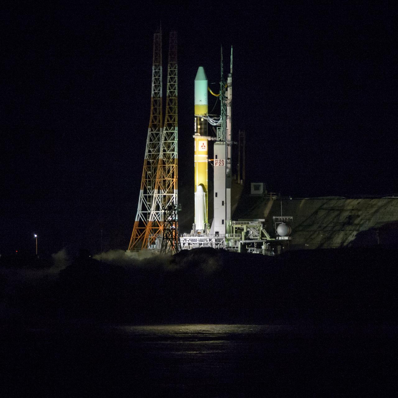 A Japanese H-IIA rocket with the NASA-Japan Aerospace Exploration Agency (JAXA), Global Precipitation Measurement (GPM) Core Observatory onboard, is seen on launch pad 1 of the Tanegashima Space Center, Friday, Feb. 28, 2014, Tanegashima, Japan. Once launched, the GPM spacecraft will collect information that unifies data from an international network of existing and future satellites to map global rainfall and snowfall every three hours.  Photo Credit: (NASA/Bill Ingalls)