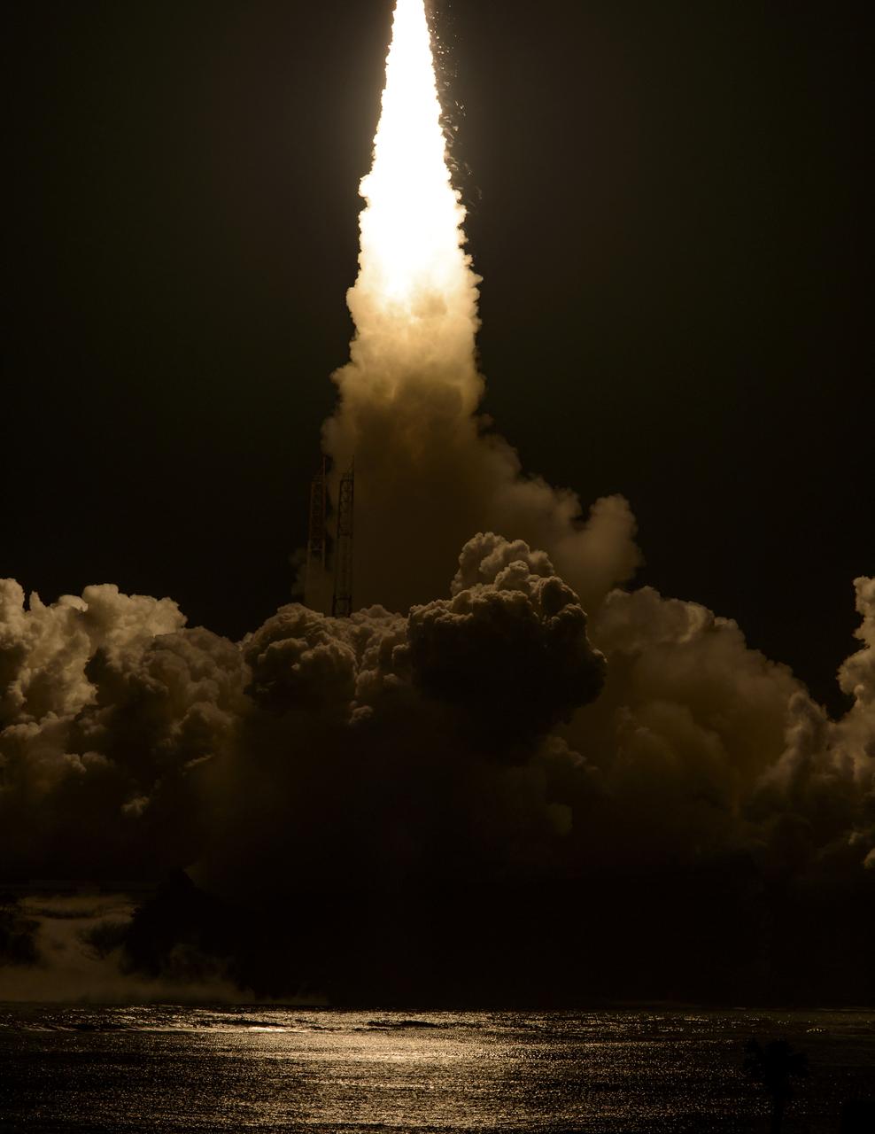 Flames and smoke from a Japanese H-IIA rocket with the NASA-Japan Aerospace Exploration Agency (JAXA), Global Precipitation Measurement (GPM) Core Observatory onboard, are seen during the launch from the Tanegashima Space Center, Friday, Feb. 28, 2014, Tanegashima, Japan. The GPM spacecraft will collect information that unifies data from an international network of existing and future satellites to map global rainfall and snowfall every three hours. Photo Credit: (NASA/Bill Ingalls)