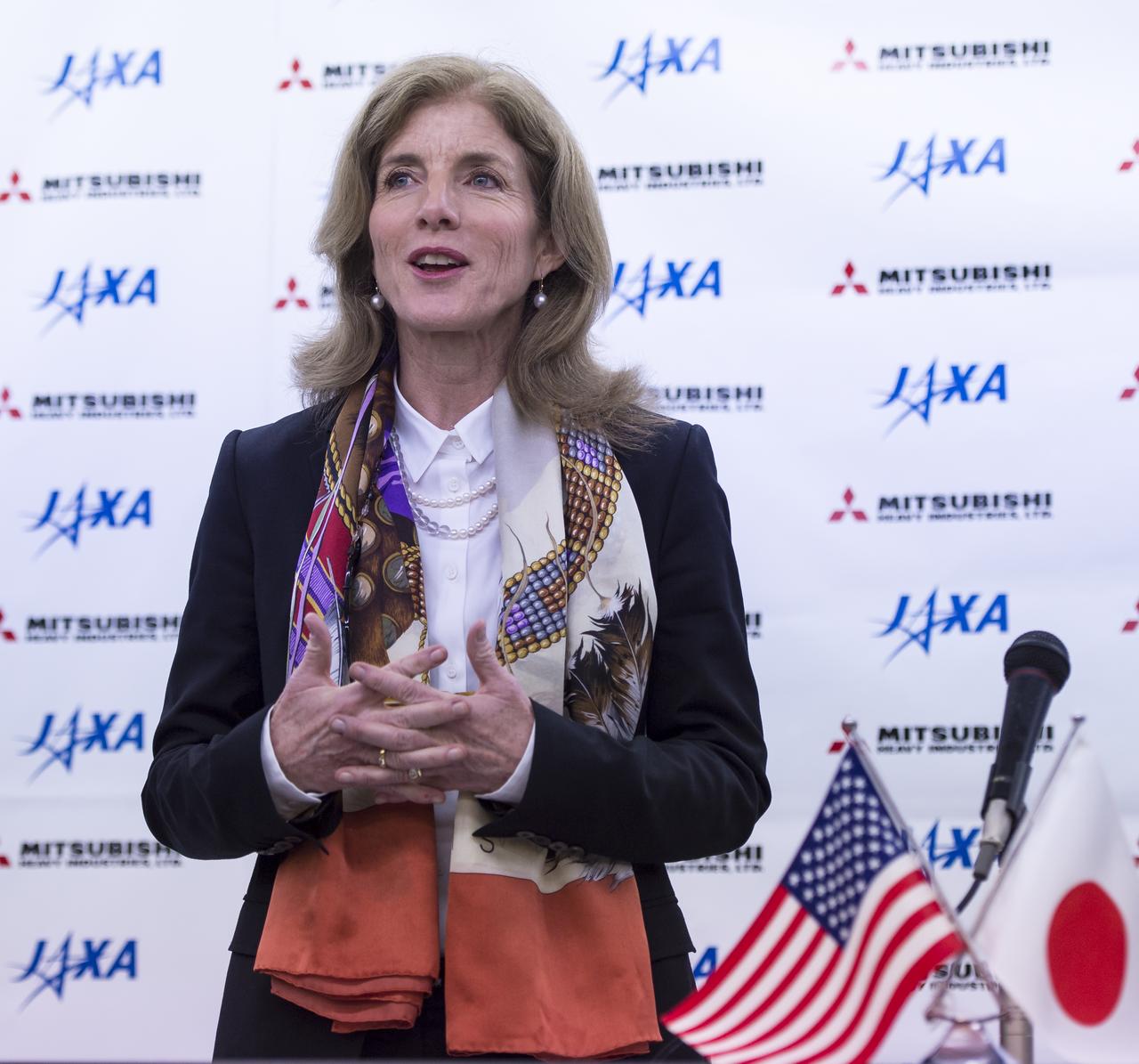 Caroline Kennedy, U.S. Ambassador Extraordinary and Plenipotentiary to Japan, congratulated both NASA and the Japan Aerospace Exploration Agency (JAXA) Global Precipitation Measurement (GPM) Core Observatory teams and noted it was an example of over 40 years of strong U.S. and Japan relations, Friday Feb. 28, 2014, Tanegashima Space Center (TNSC) Tanegashima, Japan.  The Ambassador witnessed the launch of a Japanese H-IIA rocket carrying the NASA-JAXA, GPM Core Observatory. The GPM spacecraft will collect information that unifies data from an international network of existing and future satellites to map global rainfall and snowfall every three hours. Photo Credit: (NASA/Bill Ingalls)