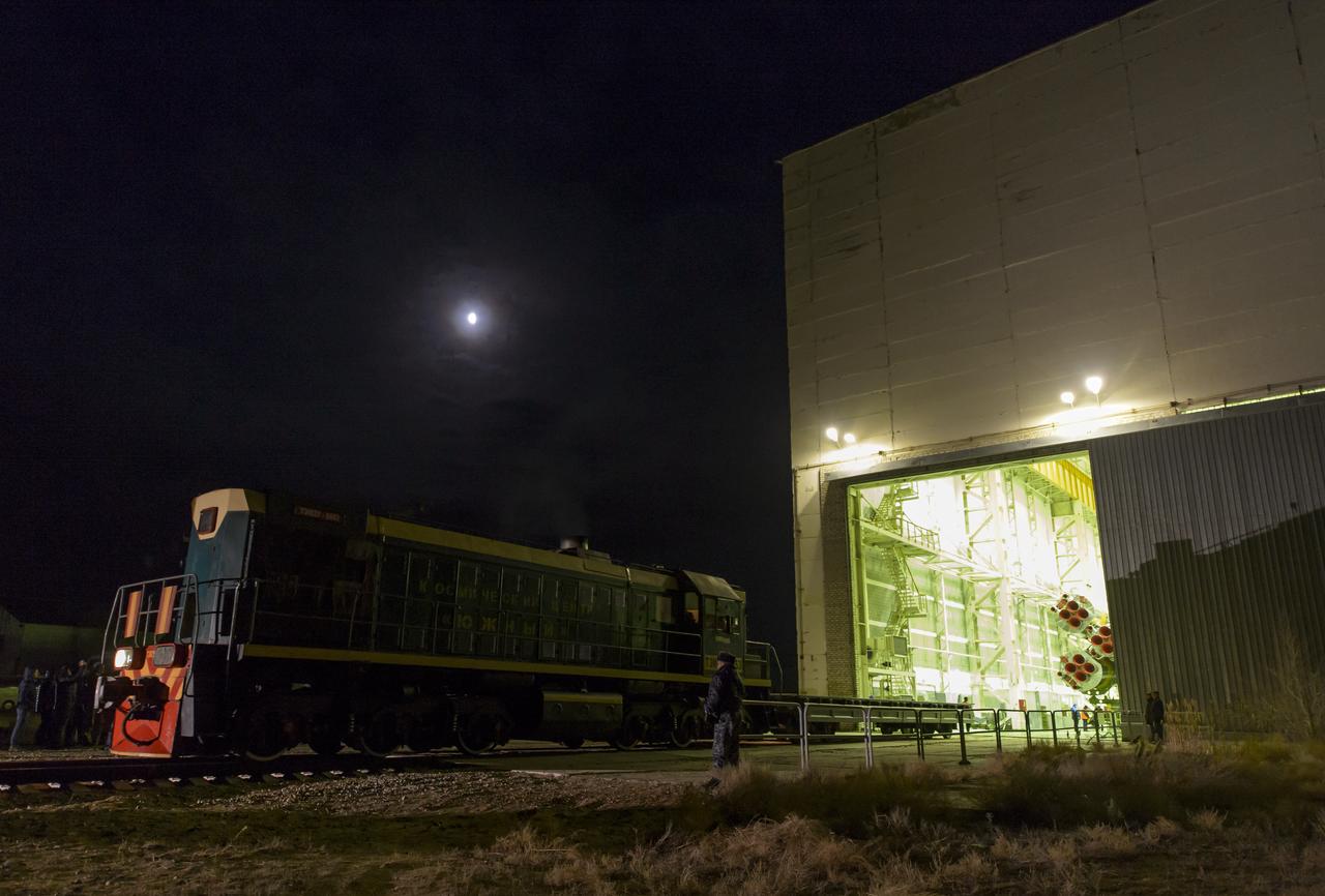 The Soyuz TMA-12M spacecraft is rolled out to the launch pad by train on Sunday, March 23, 2014, at the Baikonur Cosmodrome in Kazakhstan.  Launch of the Soyuz rocket is scheduled for March 26 and will send Expedition 39 Soyuz Commander Alexander Skvortsov of the Russian Federal Space Agency, Roscosmos, Flight Engineer Steven Swanson of NASA, and Flight Engineer Oleg Artemyev of Roscosmos on a six-month mission aboard the International Space Station.  Photo Credit: (NASA/Bill Ingalls)