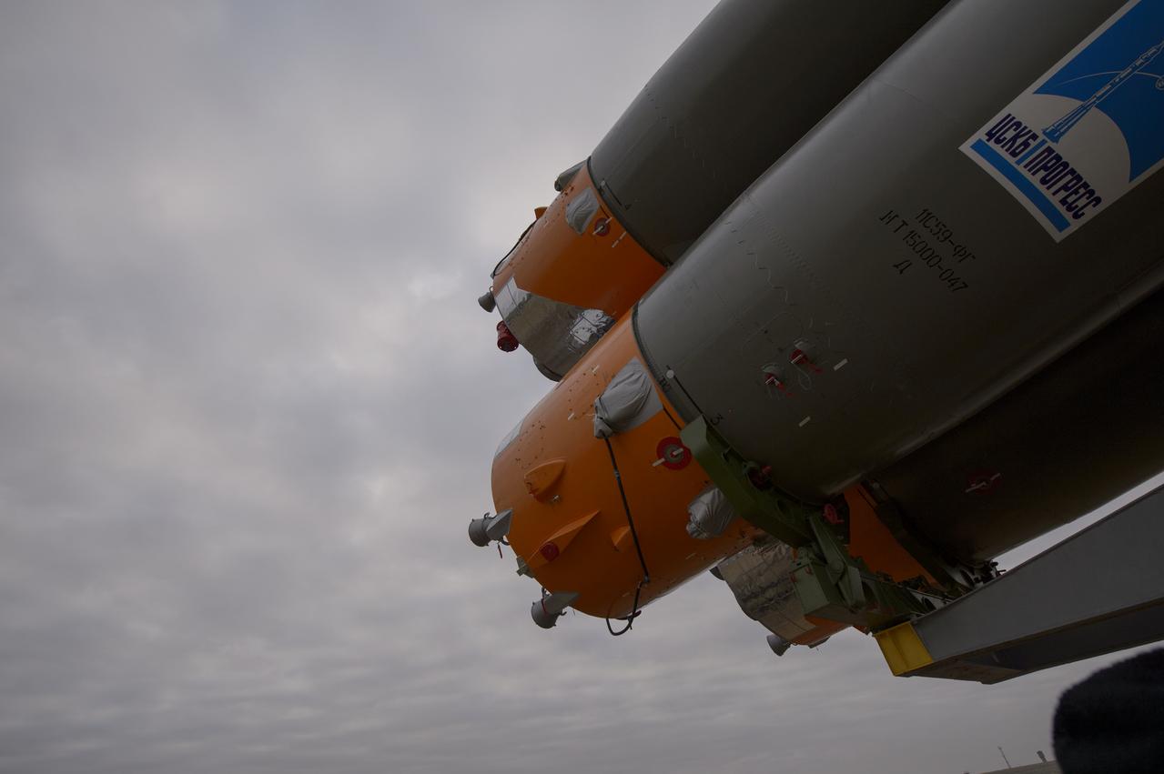 The Soyuz TMA-12M spacecraft is rolled out to the launch pad by train on Sunday, March 23, 2014, at the Baikonur Cosmodrome in Kazakhstan.  Launch of the Soyuz rocket is scheduled for March 26 and will send Expedition 39 Soyuz Commander Alexander Skvortsov of the Russian Federal Space Agency, Roscosmos, Flight Engineer Steven Swanson of NASA, and Flight Engineer Oleg Artemyev of Roscosmos on a six-month mission aboard the International Space Station.  Photo Credit: (NASA/Joel Kowsky)