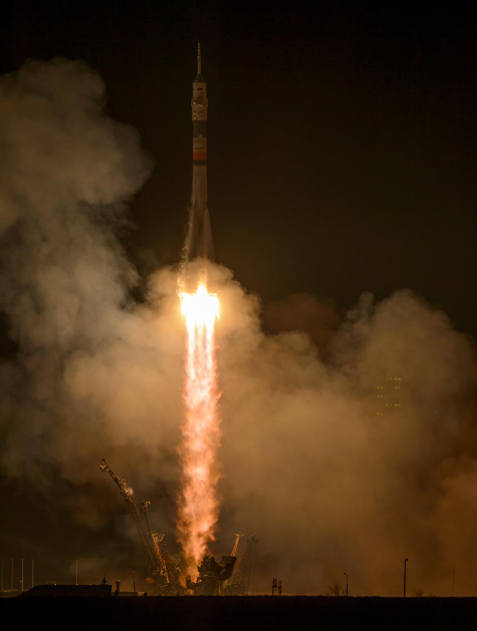 The Soyuz TMA-12M rocket launches from Baikonur Cosmodrome in Kazakhstan on Wednesday, March 26, 2014 carrying Expedition 39 Soyuz Commander Alexander Skvortsov of the Russian Federal Space Agency, Roscosmos, Flight Engineer Steven Swanson of NASA, and Flight Engineer Oleg Artemyev of Roscosmos to the International Space Station. Photo Credit: (NASA/Bill Ingalls)