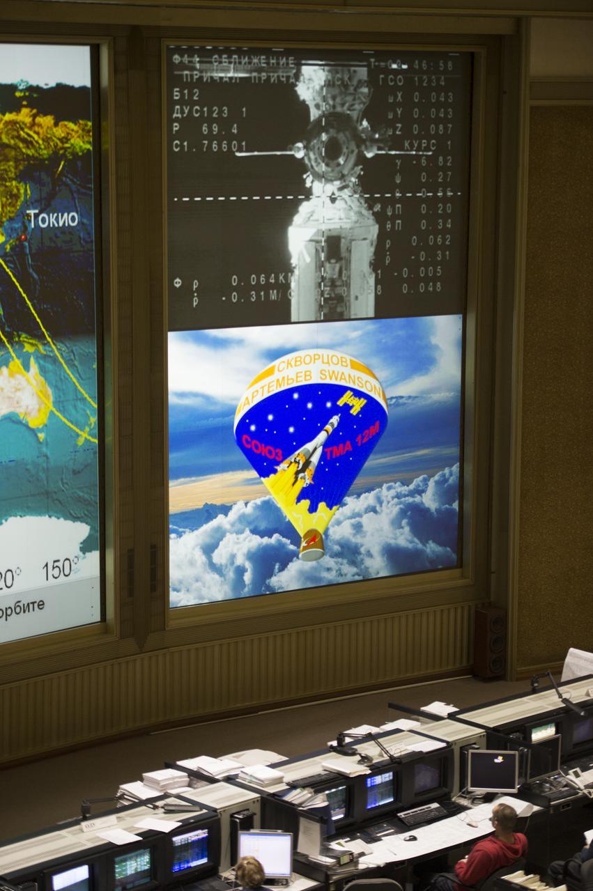 A view of the International Space Station is seen from the Soyuz TMA-12M on the screen of the Russian Mission Control Center in Korolev, Russia as the spacecraft docks to the Poisk module, Friday, March 28, 2014. The Soyuz TMA-12M with Expedition 39/40 crew members, Soyuz Commander Alexander Skvortsov of the Russian Federal Space Agency, Roscosmos, Flight Engineer Steve Swanson of NASA and Flight Engineer Oleg Artemyev of Roscosmos launched from the Baikonur Cosmodrome in Kazakhstan two days earlier. The Soyuz crew members will be greeted by Expedition 39 Commander Koichi Wakata of the Japan Aerospace Exploration Agency, JAXA, Flight Engineer Mikhail Tyurin of Roscosmos, and Flight Engineer Rick Mastracchio of NASA, who have lived in the orbital laboratory since November of 2013. Photo Credit: (NASA/Joel Kowsky)