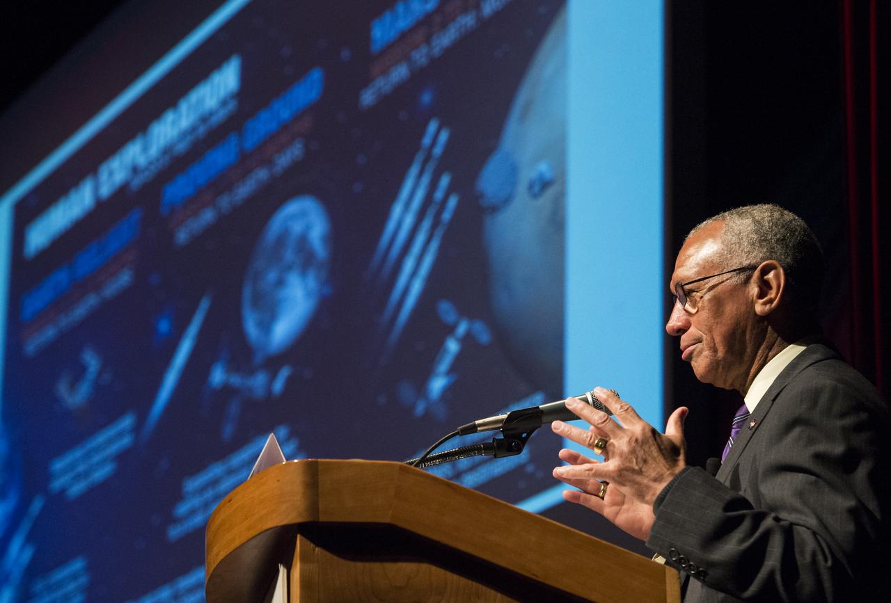 NASA Administrator Charles Bolden delivers the opening keynote address at the Humans to Mars Summit on April 22, 2014 at George Washington University in Washington, DC. Administrator Bolden spoke of NASA's path to the human exploration of Mars during his remarks.  Photo Credit: (NASA/Joel Kowsky)