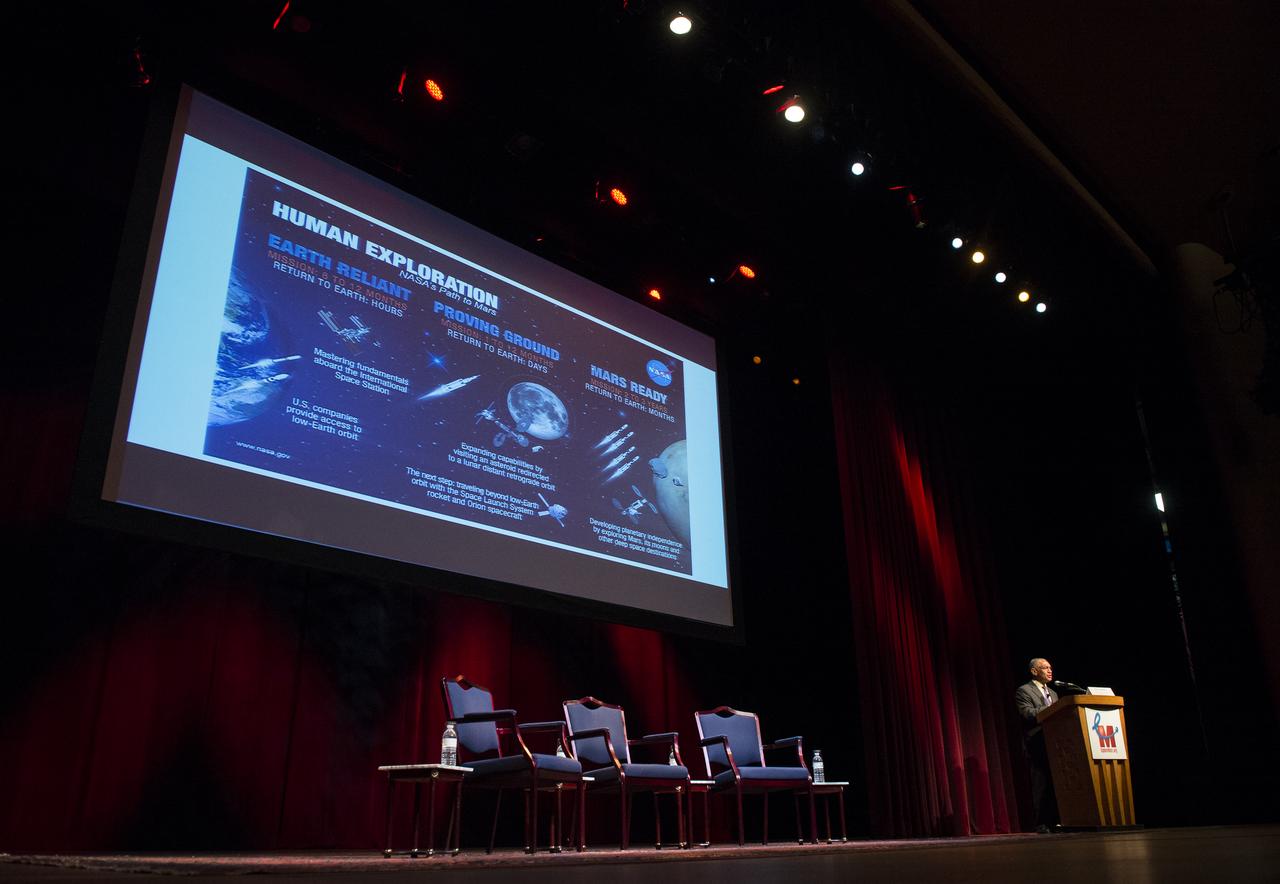 NASA Administrator Charles Bolden delivers the opening keynote address at the Humans to Mars Summit on April 22, 2014 at George Washington University in Washington, DC. Administrator Bolden spoke of NASA's path to the human exploration of Mars during his remarks.  Photo Credit: (NASA/Joel Kowsky)
