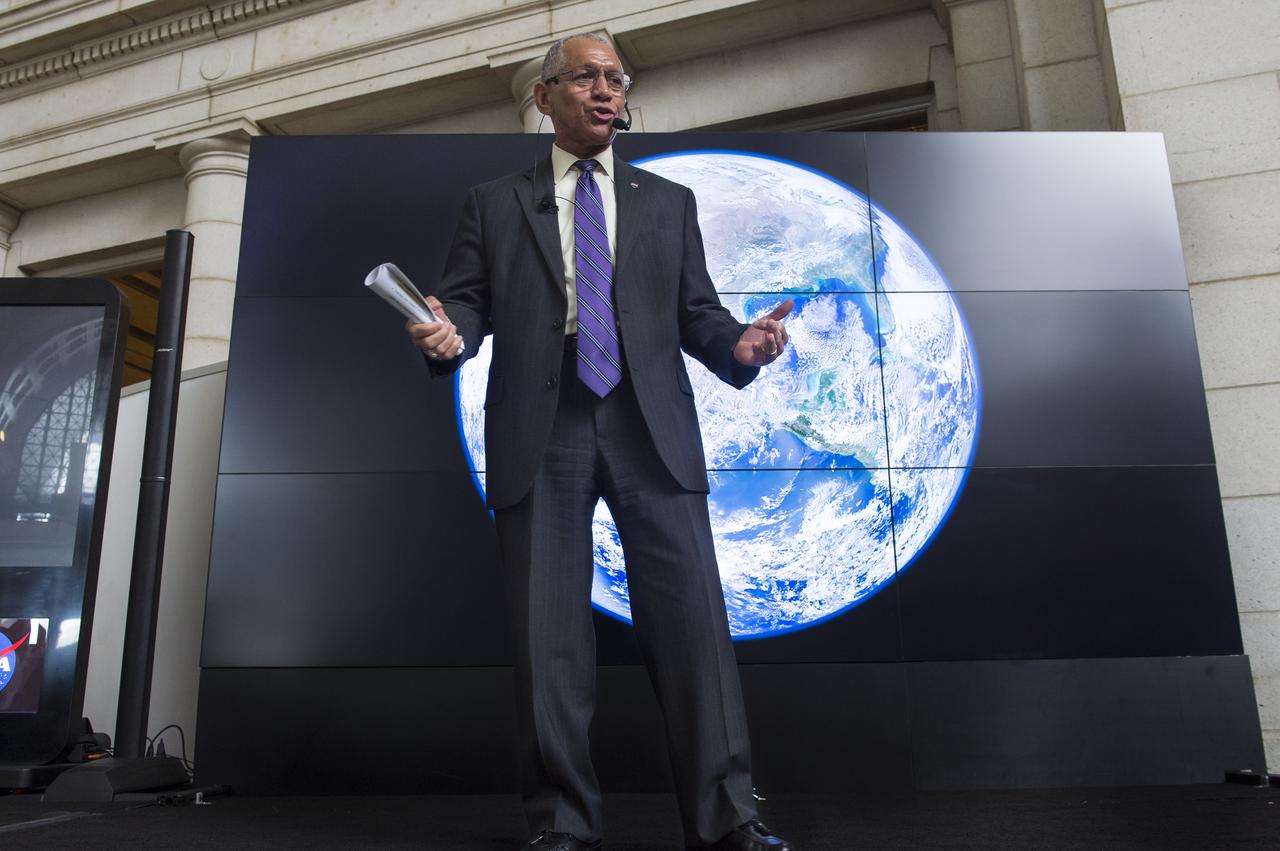 NASA Administrator Charles Bolden speaks to students who attended the NASA sponsored Earth Day event April 22, 2014 at Union Station in Washington, DC. NASA sponsored the Earth Day event as part of its "Earth Right Now" campaign, celebrating the launch of five Earth-observing missions in 2014. Photo Credit: (NASA/Aubrey Gemignani)