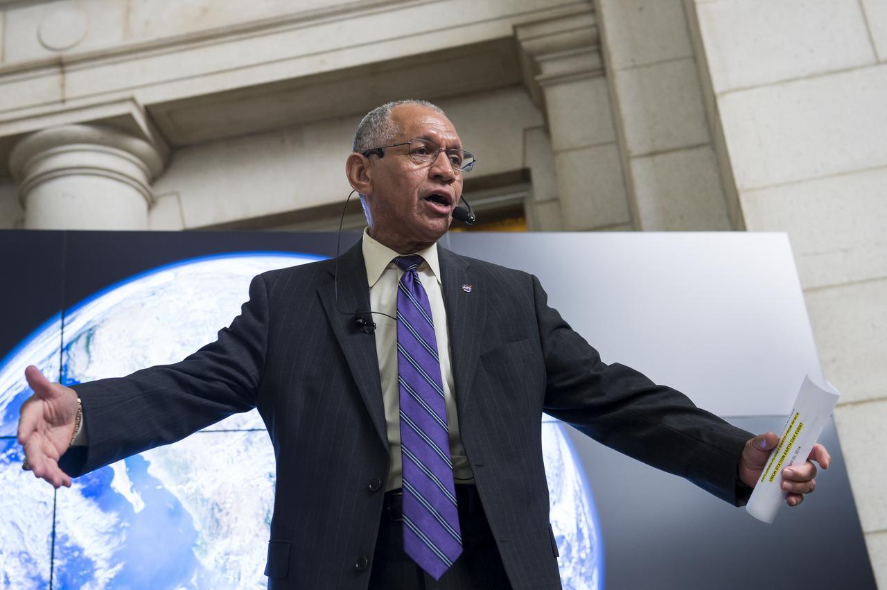 NASA Administrator Charles Bolden speaks to students who attended the NASA sponsored Earth Day event April 22, 2014 at Union Station in Washington, DC. NASA sponsored the Earth Day event as part of its "Earth Right Now" campaign, celebrating the launch of five Earth-observing missions in 2014. Photo Credit: (NASA/Aubrey Gemignani)