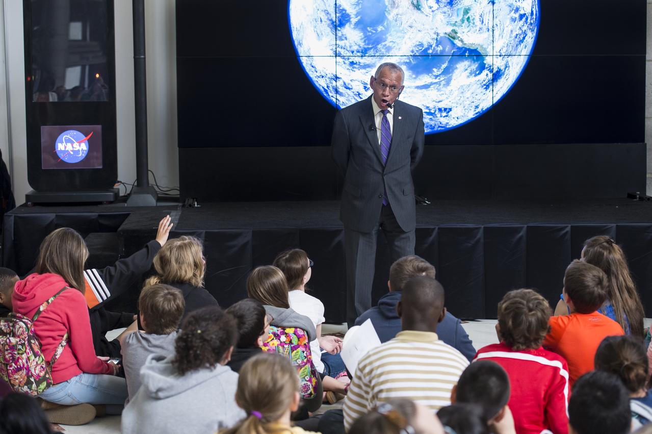 NASA Administrator Charles Bolden speaks to students who attended the NASA sponsored Earth Day event April 22, 2014 at Union Station in Washington, DC. NASA sponsored the Earth Day event as part of its "Earth Right Now" campaign, celebrating the launch of five Earth-observing missions in 2014. Photo Credit: (NASA/Aubrey Gemignani)