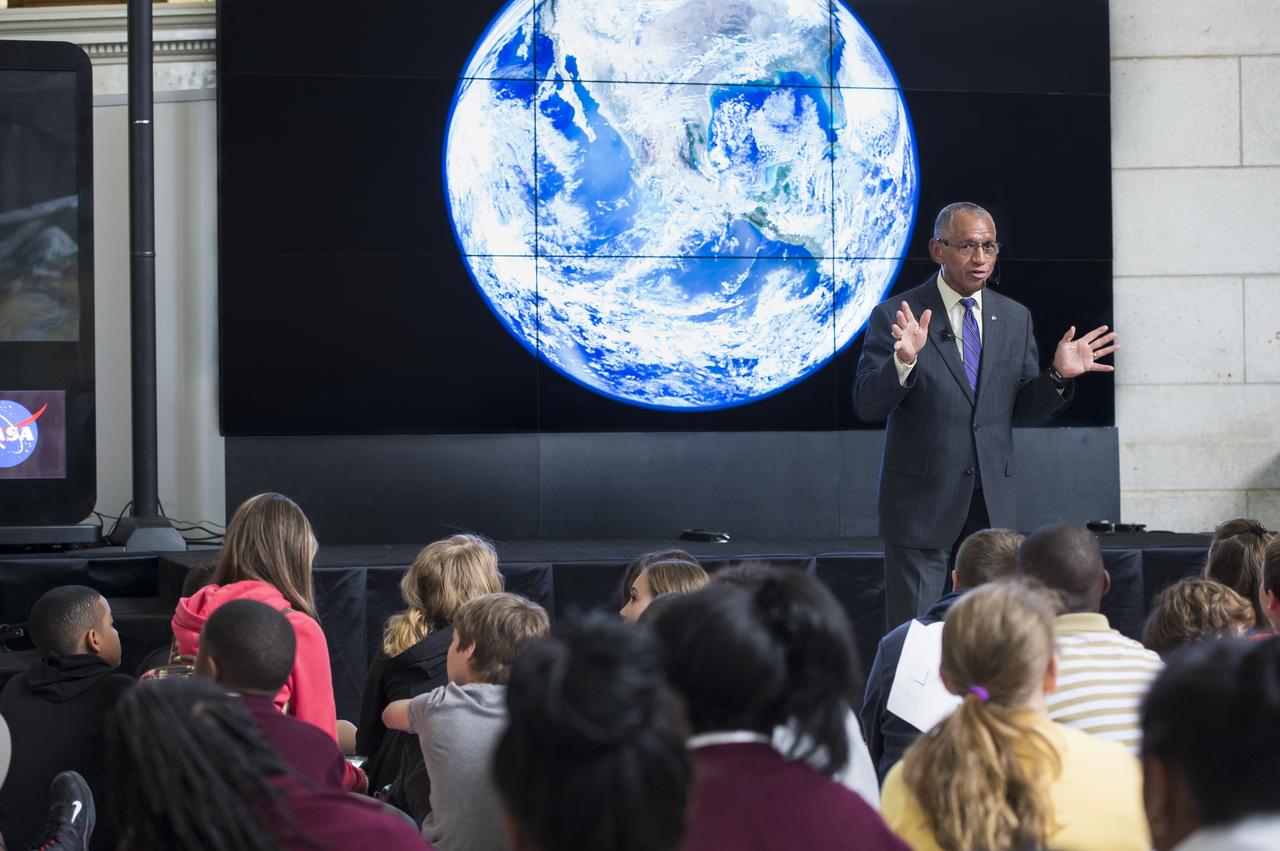 NASA Administrator Charles Bolden speaks to students who attended the NASA sponsored Earth Day event April 22, 2014 at Union Station in Washington, DC. NASA sponsored the Earth Day event as part of its "Earth Right Now" campaign, celebrating the launch of five Earth-observing missions in 2014. Photo Credit: (NASA/Aubrey Gemignani)