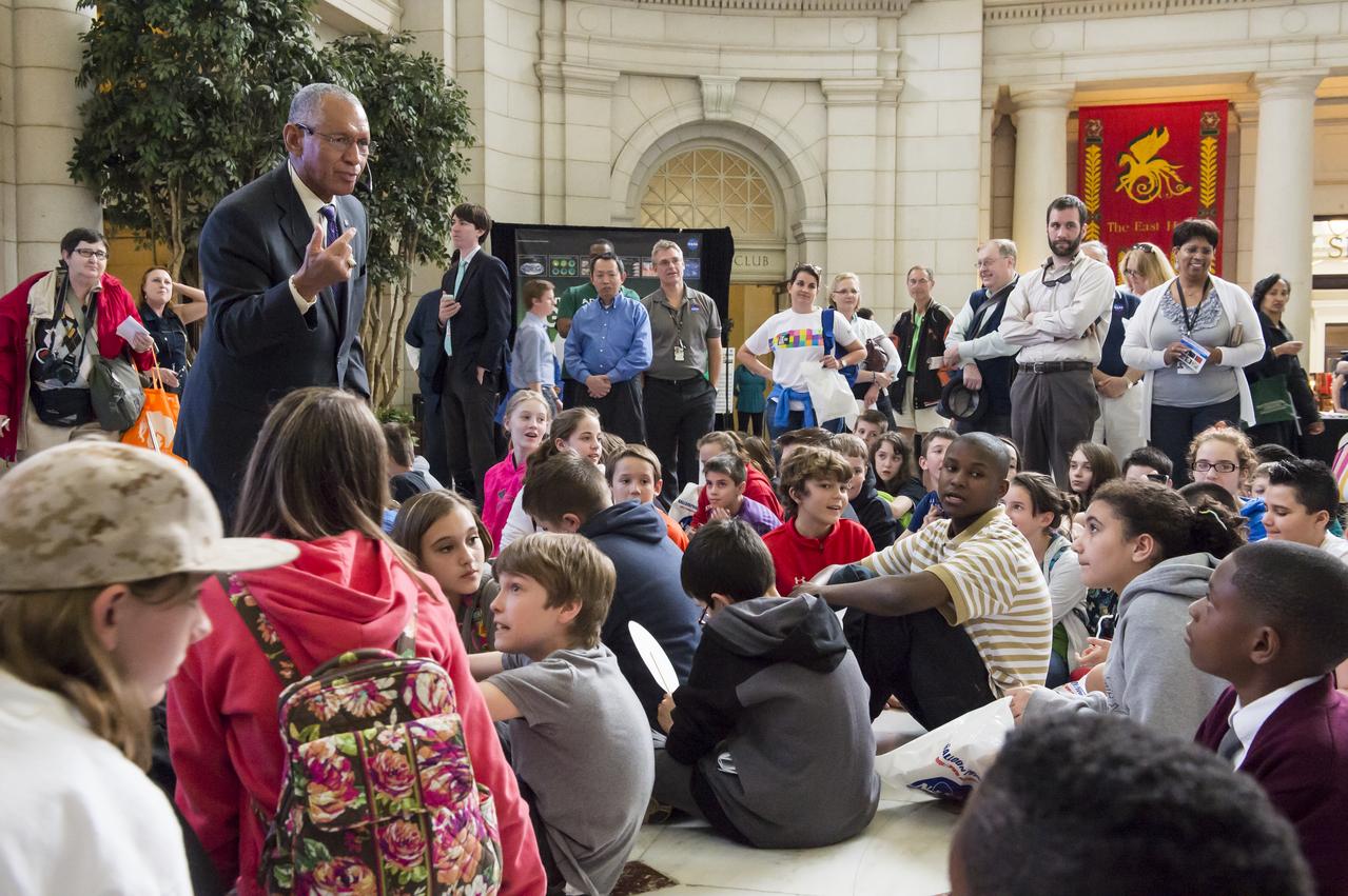 NASA Administrator Charles Bolden speaks to students who attended the NASA sponsored Earth Day event April 22, 2014 at Union Station in Washington, DC. NASA sponsored the Earth Day event as part of its "Earth Right Now" campaign, celebrating the launch of five Earth-observing missions in 2014. Photo Credit: (NASA/Aubrey Gemignani)