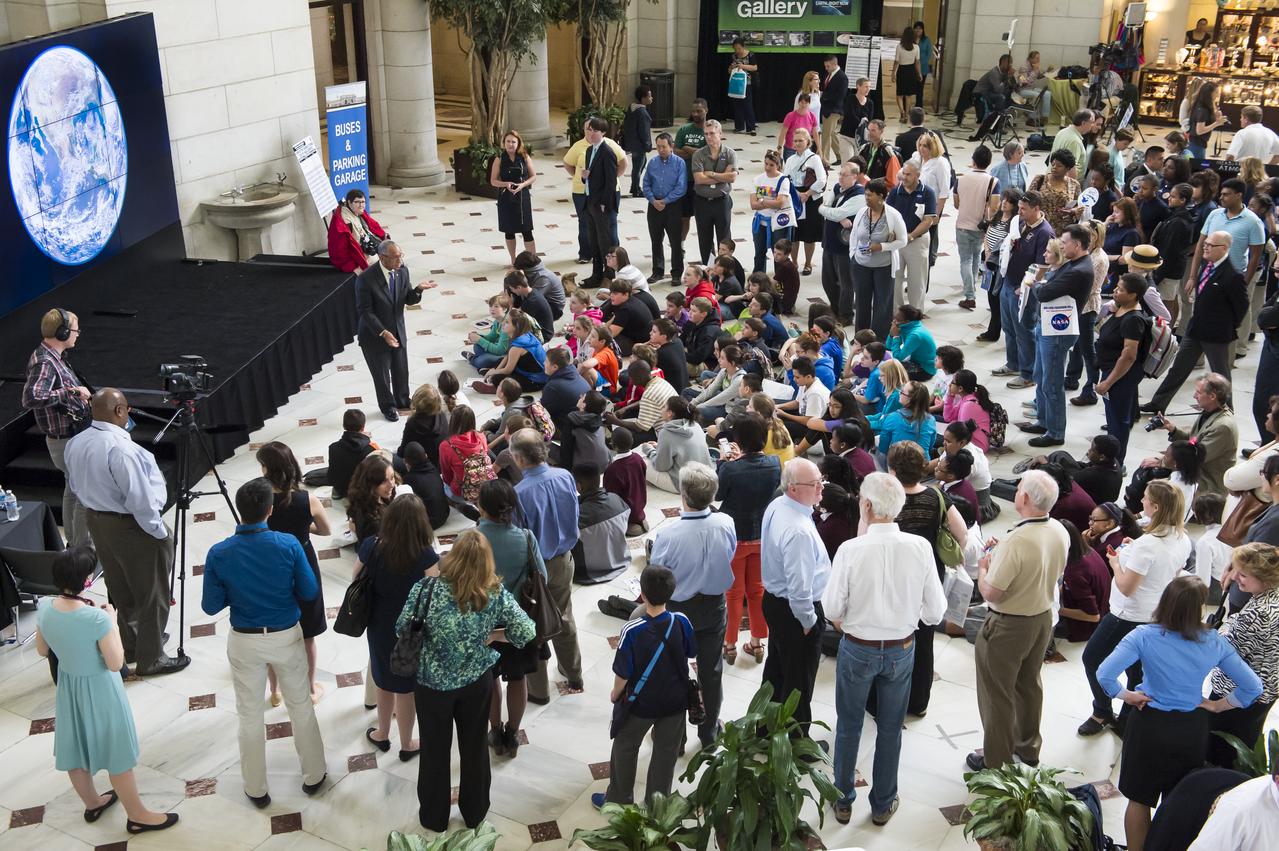 NASA Administrator Charles Bolden speaks to students who attended the NASA sponsored Earth Day event April 22, 2014 at Union Station in Washington, DC. NASA sponsored the Earth Day event as part of its "Earth Right Now" campaign, celebrating the launch of five Earth-observing missions in 2014. Photo Credit: (NASA/Aubrey Gemignani)