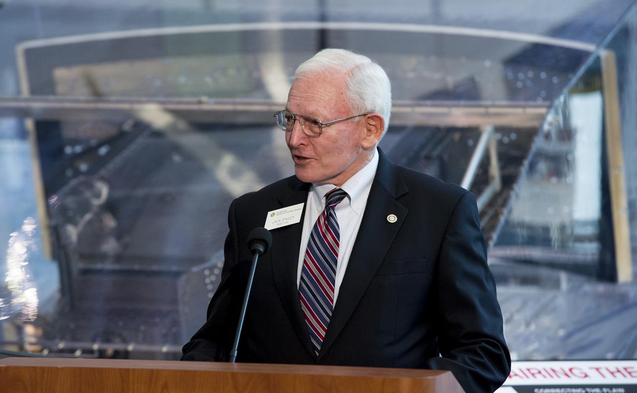 Gen. J.R. "Jack" Dailey, Director of the Smithsonian National Air and Space Museum speaks at an event unveiling a new exhibit featuring Hubble's Corrective Optics Space Telescope Axial Replacement (COSTAR) and the Wide Field and Planetary Camera 2 (WFPC2) on Wednesday, April 23, 2014 at the Smithsonian National Air and Space Museum in Washington, DC. COSTAR and WFPC2 were installed in Hubble during the first space shuttle servicing mission in 1993 and returned to Earth on the fifth and final servicing mission in 2009. Photo Credit: (NASA/Joel Kowsky)