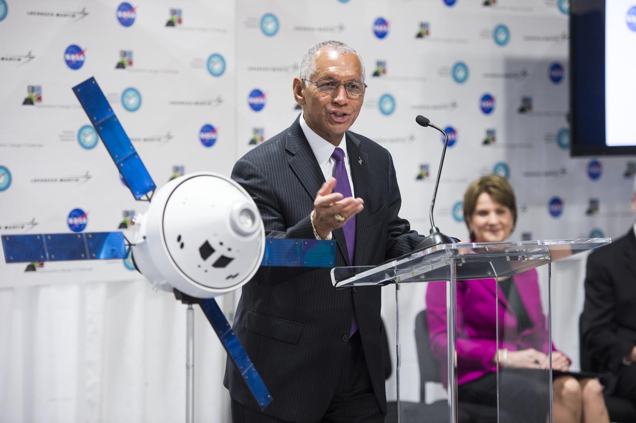 NASA Administrator Charles Bolden spoke at the Orion exhibit at the USA Science and Engineering Festival on April 25, 2014. The event was held to announce the winner of the Exploration Design Challenge. The goal of the Exploration Design Challenge was for students to research and design ways to protect astronauts from space radiation.The USA Science and Engineering Festival is taking place at the Washington Convention Center in Washington, DC on April 26 and 27, 2014. Photo Credit: (NASA/Aubrey Gemignani)