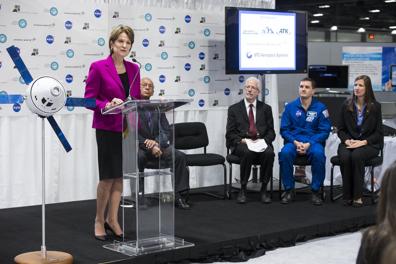 Lockheed Martin CEO Marillyn Hewson spoke at the Orion exhibit at the USA Science and Engineering Festival on April 25, 2014. The event was held to announce the winner of the Exploration Design Challenge. The goal of the Exploration Design Challenge was for students to research and design ways to protect astronauts from space radiation.The USA Science and Engineering Festival is taking place at the Washington Convention Center in Washington, DC on April 26 and 27, 2014. Photo Credit: (NASA/Aubrey Gemignani)