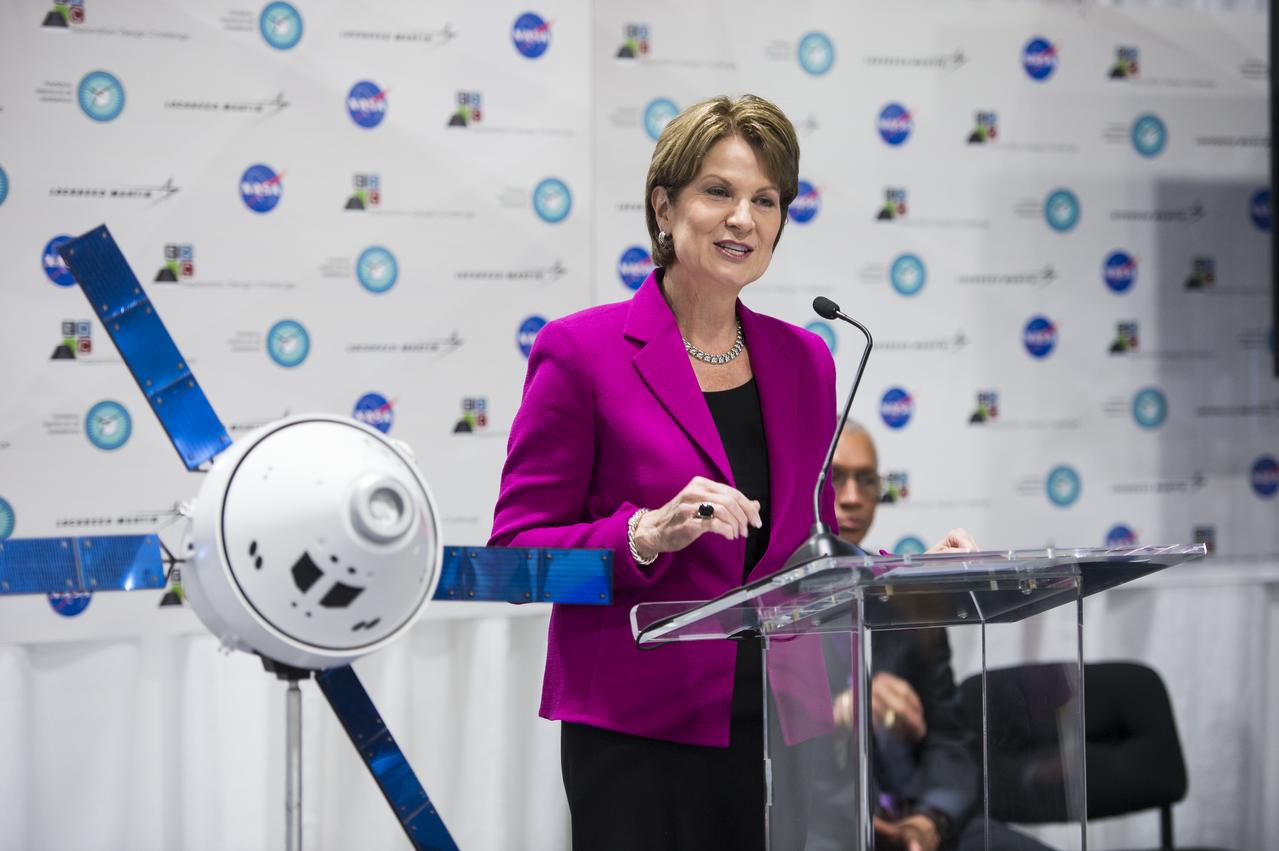 Lockheed Martin CEO Marillyn Hewson spoke at the Orion exhibit at the USA Science and Engineering Festival on April 25, 2014. The event was held to announce the winner of the Exploration Design Challenge. The goal of the Exploration Design Challenge was for students to research and design ways to protect astronauts from space radiation.The USA Science and Engineering Festival is taking place at the Washington Convention Center in Washington, DC on April 26 and 27, 2014. Photo Credit: (NASA/Aubrey Gemignani)
