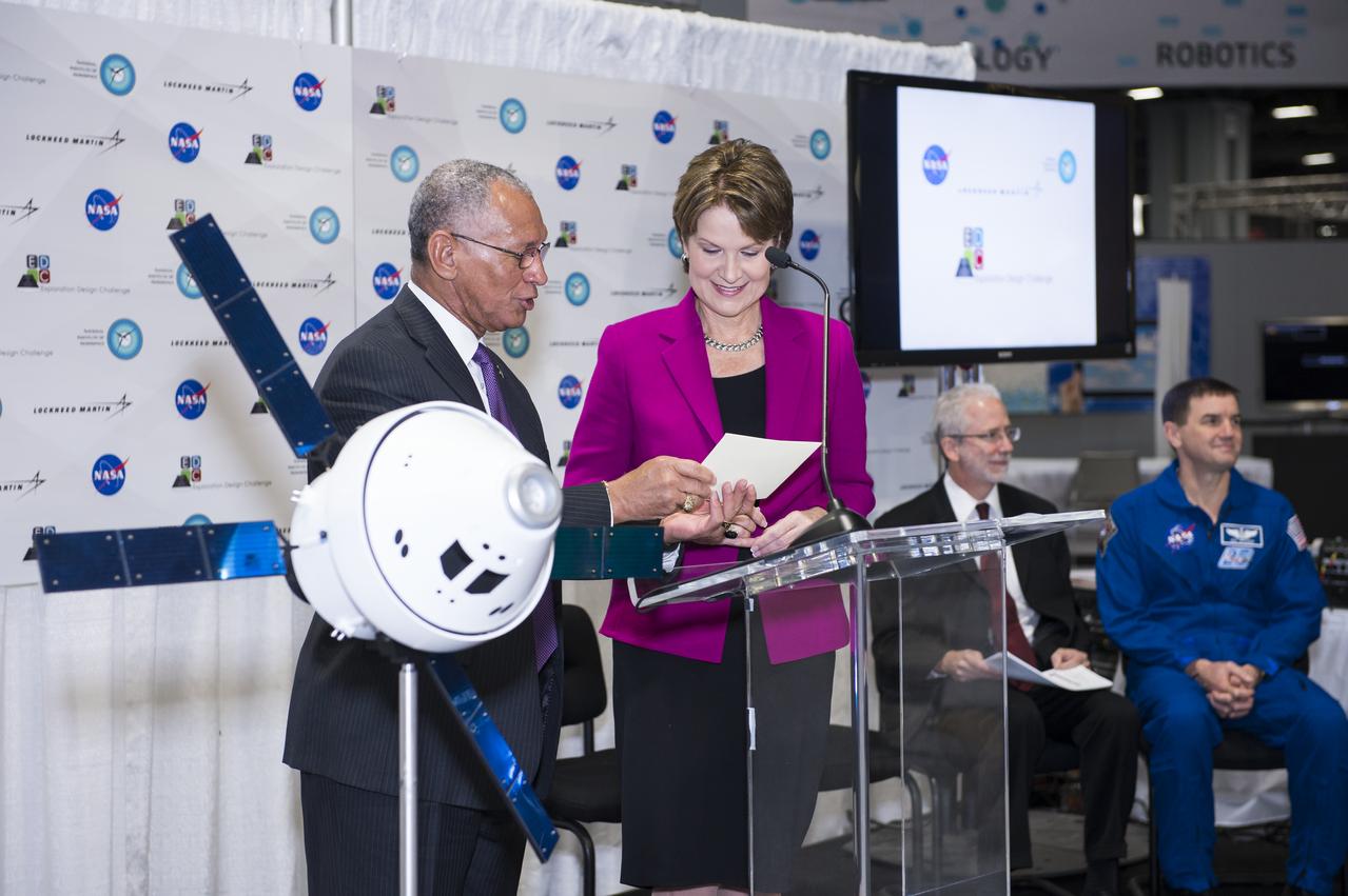 NASA Administrator, Charles Bolden and Lockheed Martin CEO, Marillyn Hewson announce the winner of the Exploration Design Challenge at the USA Science and Engineering Festival on April 25, 2014. The goal of the Exploration Design Challenge was for students to research and design ways to protect astronauts from space radiation.The USA Science and Engineering Festival is taking place at the Washington Convention Center in Washington, DC on April 26 and 27, 2014. Photo Credit: (NASA/Aubrey Gemignani)