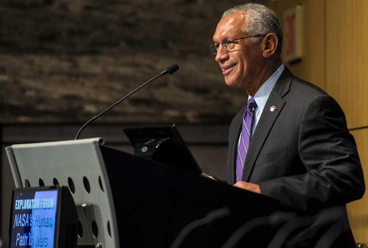NASA Administrator Charles Bolden speaks during an Exploration Forum showcasing NASA's human exploration path to Mars in the James E. Webb Auditorium at NASA Headquarters on Tuesday, April 29, 2014. Photo Credit: (NASA/Joel Kowsky)