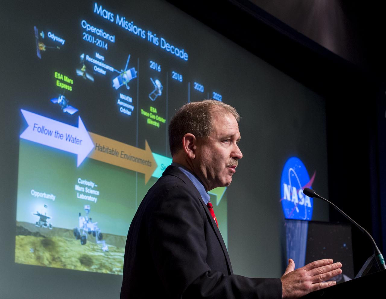 John Grunsfeld, NASA Associate Administrator for the Science Mission Directorate, speaks during an Exploration Forum showcasing NASA's human exploration path to Mars in the James E. Webb Auditorium at NASA Headquarters on Tuesday, April 29, 2014. Photo Credit: (NASA/Joel Kowsky)