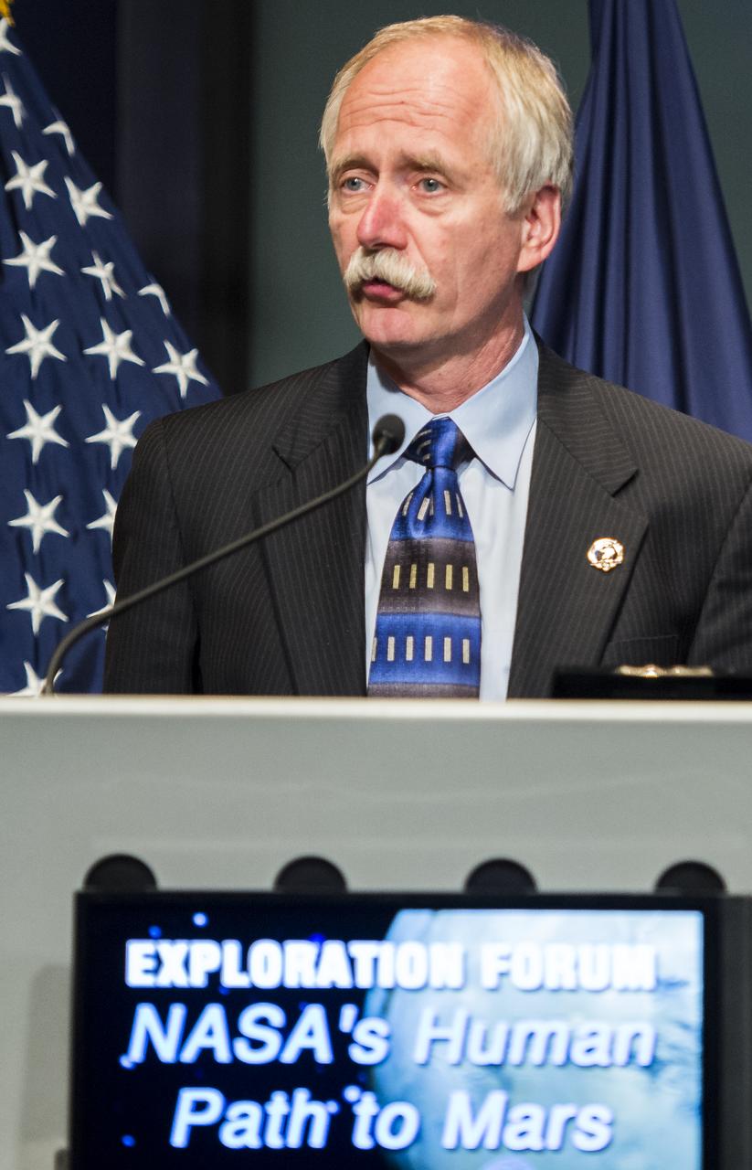 William Gerstenmaier, NASA Associate Administrator for Human Exploration and Operations, speaks during an Exploration Forum showcasing NASA's human exploration path to Mars in the James E. Webb Auditorium at NASA Headquarters on Tuesday, April 29, 2014. Photo Credit: (NASA/Joel Kowsky)
