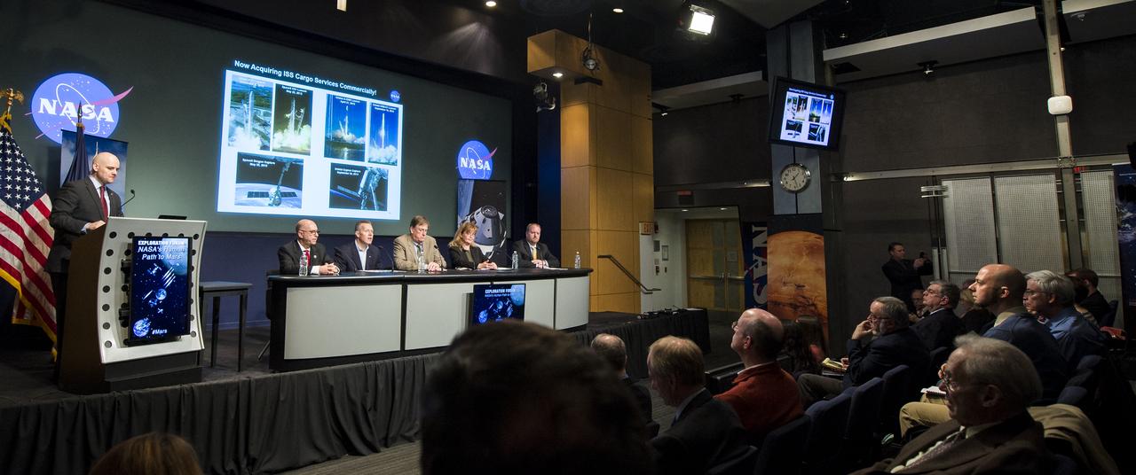 Sam Scimemi, Director of NASA's International Space Station Division, second from left, Phil McAlister, Director of NASA's Commercial Spaceflight Division, third from left, Dan Dumbacher, Deputy Associate Administrator of NASA's Exploration Systems Development, center, Michele Gates, Senior Technical Advisor of NASA's Human Exploration and Operations Mission Directorate, second from right, and Jason Crusan, Director of NASA's Advanced Exploration Systems Division, right, sit on a panel during an Exploration Forum showcasing NASA's human exploration path to Mars in the James E. Webb Auditorium at NASA Headquarters on Tuesday, April 29, 2014. Photo Credit: (NASA/Joel Kowsky)