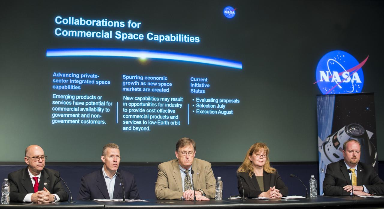 Sam Scimemi, Director of NASA's International Space Station Division, left, Phil McAlister, Director of NASA's Commercial Spaceflight Division, second from left, Dan Dumbacher, Deputy Associate Administrator of NASA's Exploration Systems Development, center, Michele Gates, Senior Technical Advisor of NASA's Human Exploration and Operations Mission Directorate, second from right, and Jason Crusan, Director of NASA's Advanced Exploration Systems Division, right, sit on a panel during an Exploration Forum showcasing NASA's human exploration path to Mars in the James E. Webb Auditorium at NASA Headquarters on Tuesday, April 29, 2014. Photo Credit: (NASA/Joel Kowsky)