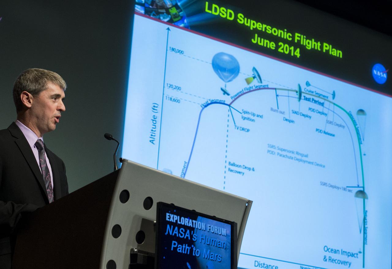 Randy Lillard, Program Executive for Technology Demonstration Missions of NASA's Space Technology Mission DIrectorate, speaks about the upcoming Low-Density Supersonic Decelerator demonstration during an Exploration Forum showcasing NASA's human exploration path to Mars in the James E. Webb Auditorium at NASA Headquarters on Tuesday, April 29, 2014. Photo Credit: (NASA/Joel Kowsky)