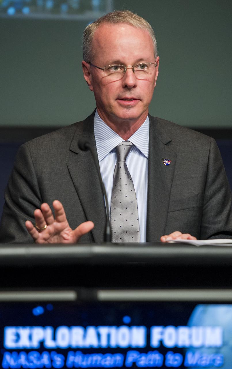 David Miller, NASA Chief Technologist, participate in a panel discussion during an Exploration Forum showcasing NASA's human exploration path to Mars in the James E. Webb Auditorium at NASA Headquarters on Tuesday, April 29, 2014. Photo Credit: (NASA/Joel Kowsky)