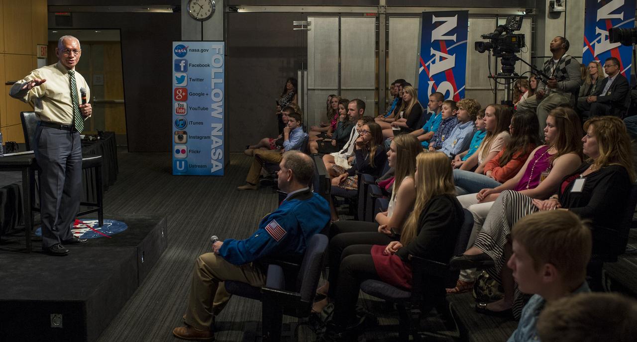 NASA Administrator Charles Bolden speaks to students from Mapletown Jr/Sr High School and Margaret Bell Middle School during the NASA Hubble Space Telescope (HST) Research Project Capstone Event in the James E. Webb Auditorium at NASA Headquarters on Monday, May 5, 2014. Administrator Bolden spoke about his involvement with the Hubble Space Telescope and took questions from the students. Photo Credit: (NASA/Joel Kowsky)