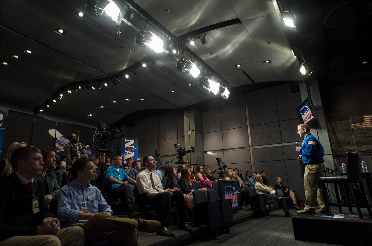 John Grunsfeld, NASA Associate Administrator for the Science Mission Directorate, speaks to students from Mapletown Jr/Sr High School and Margaret Bell Middle School about his experiences on the final space shuttle servicing mission to the Hubble Space Telescope during the NASA Hubble Space Telescope (HST) Research Project Capstone Event in the James E. Webb Auditorium at NASA Headquarters on Monday, May 5, 2014. Grunsfeld flew on three of the five servicing missions to the Hubble Space Telescope.  Photo Credit: (NASA/Joel Kowsky)