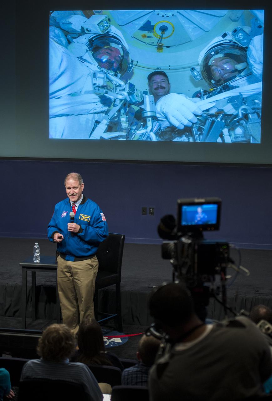 John Grunsfeld, NASA Associate Administrator for the Science Mission Directorate, speaks to students from Mapletown Jr/Sr High School and Margaret Bell Middle School about his experiences on the final space shuttle servicing mission to the Hubble Space Telescope during the NASA Hubble Space Telescope (HST) Research Project Capstone Event in the James E. Webb Auditorium at NASA Headquarters on Monday, May 5, 2014. Grunsfeld flew on three of the five servicing missions to the Hubble Space Telescope.  Photo Credit: (NASA/Joel Kowsky)