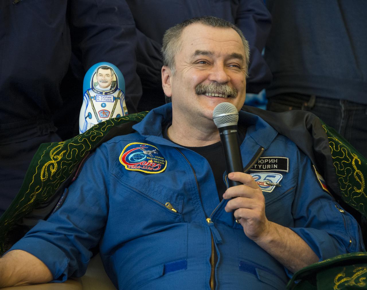 Expedition 39 Soyuz Commander Mikhail Tyurin of Roscosmos answers questions from the media during a welcome home ceremony, Wednesday, May 14, 2014 at the Karaganda Airport in Kazakhstan. Tyurin, Expedition 39 Commander Koichi Wakata of the Japan Aerospace Exploration Agency (JAXA), and Flight Engineer Rick Mastracchio of NASA landed in their Soyuz TMA-11M spacecraft just a few hours earlier near the town of Zhezkazgan. Wakata, Tyurin and Mastracchio returned to Earth after more than six months onboard the International Space Station where they served as members of the Expedition 38 and 39 crews. Photo Credit: (NASA/Bill Ingalls)