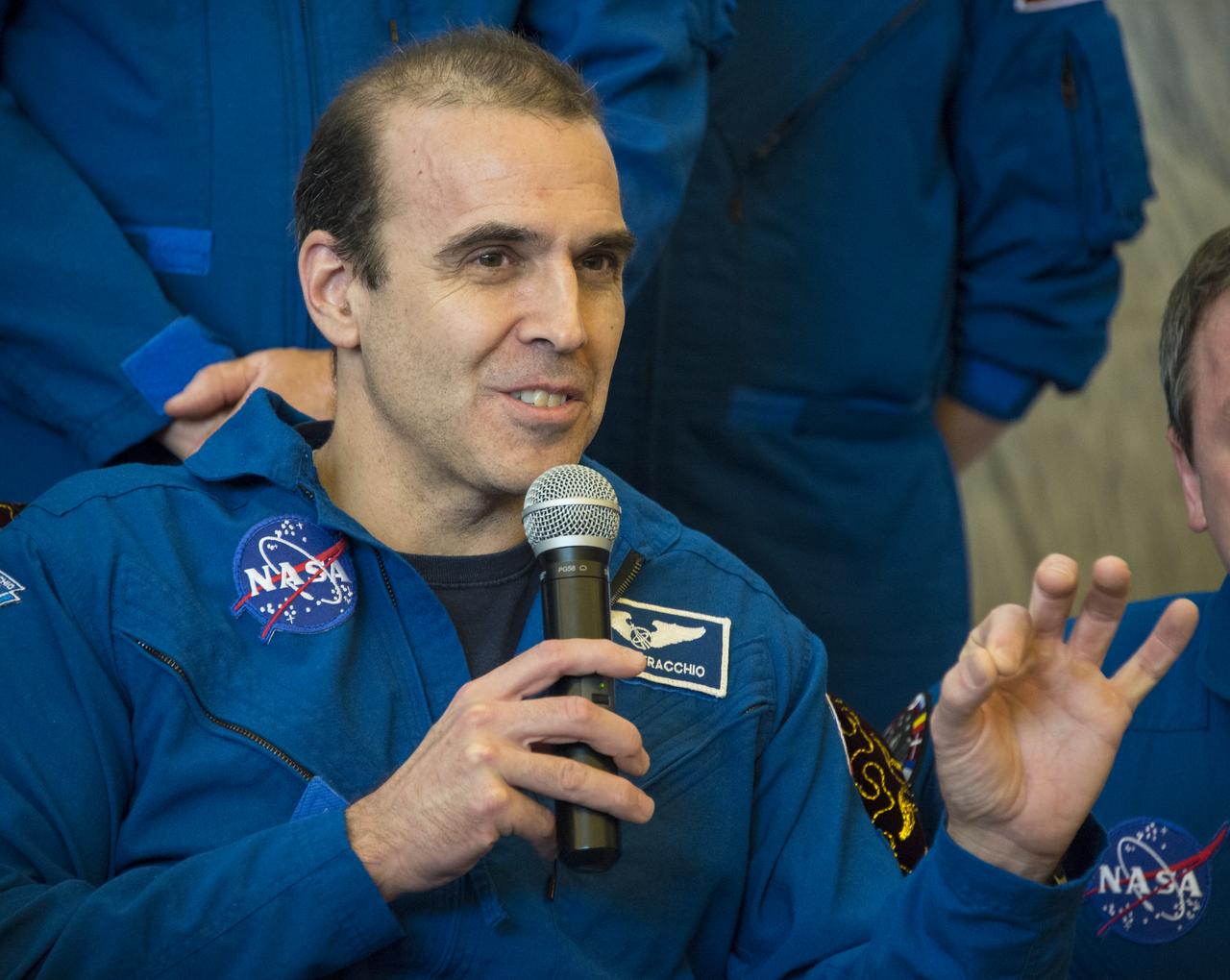 Expedition 39 Flight Engineer Rick Mastracchio of NASA answers questions from the media during a welcome home ceremony, Wednesday, May 14, 2014 at the Karaganda Airport in Kazakhstan. Mastracchio, Expedition 39 Commander Koichi Wakata of the Japan Aerospace Exploration Agency (JAXA), and Soyuz Commander Mikhail Tyurin of Roscosmos landed in their Soyuz TMA-11M spacecraft just a few hours earlier near the town of Zhezkazgan. Wakata, Tyurin and Mastracchio returned to Earth after more than six months onboard the International Space Station where they served as members of the Expedition 38 and 39 crews. Photo Credit: (NASA/Bill Ingalls)