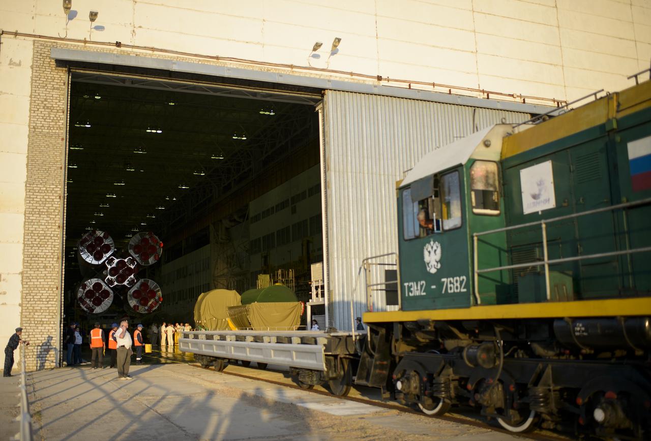 The Soyuz TMA-13M rocket is seen inside Building 112 prior to being rolled out to the launch pad by train on Monday, May 26, 2014, at the Baikonur Cosmodrome in Kazakhstan.  Launch of the Soyuz rocket is scheduled for May 29 and will send Expedition 40 Soyuz Commander Maxim Suraev, of the Russian Federal Space Agency, Roscosmos, Flight Engineer Alexander Gerst, of the European Space Agency, ESA, and Flight Engineer Reid Wiseman of NASA on a five and a half month mission aboard the International Space Station.  Photo Credit: (NASA/Joel Kowsky)