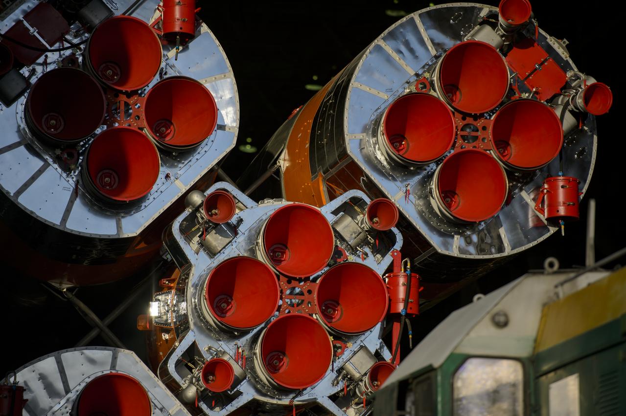 The Soyuz TMA-13M spacecraft is rolled out to the launch pad by train on Monday, May 26, 2014, at the Baikonur Cosmodrome in Kazakhstan.  Launch of the Soyuz rocket is scheduled for May 29 and will send Expedition 40 Soyuz Commander Maxim Suraev, of the Russian Federal Space Agency, Roscosmos, Flight Engineer Alexander Gerst, of the European Space Agency, ESA, and Flight Engineer Reid Wiseman of NASA on a five and a half month mission aboard the International Space Station.  Photo Credit: (NASA/Joel Kowsky)