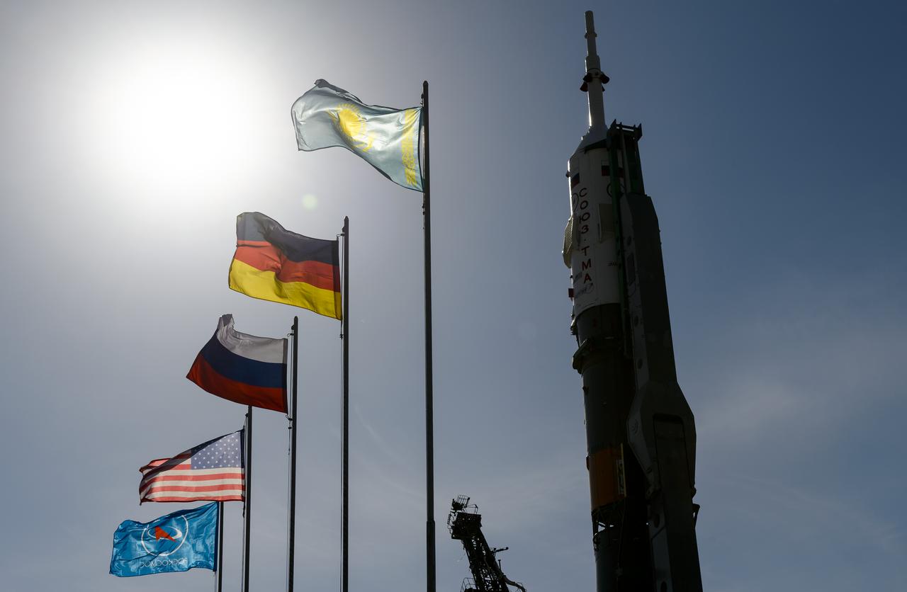 The Soyuz TMA-13M spacecraft is seen on the launch pad shortly after being raised into a vertical position on Monday, May 26, 2014, at the Baikonur Cosmodrome in Kazakhstan.  Launch of the Soyuz rocket is scheduled for May 29 and will send Expedition 40 Soyuz Commander Maxim Suraev, of the Russian Federal Space Agency, Roscosmos, Flight Engineer Alexander Gerst, of the European Space Agency, ESA, and Flight Engineer Reid Wiseman of NASA on a five and a half month mission aboard the International Space Station.  Photo Credit: (NASA/Joel Kowsky)