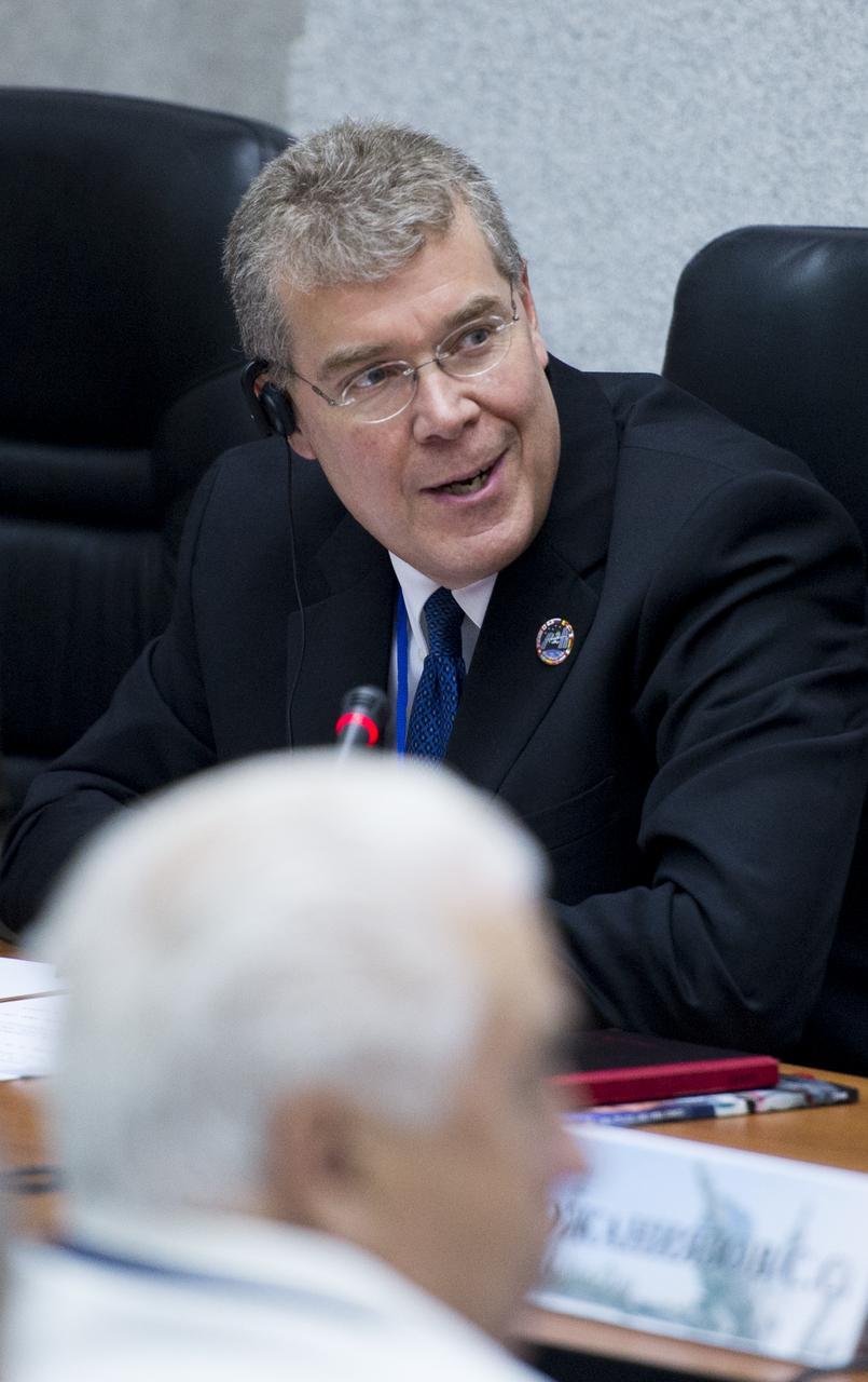 Dan Hartman, NASA Deputy Space Station Program Manager speaks during the State Commission meeting held to approve the Soyuz launch of the crew for a five and a half month mission aboard the International Space Station, Tuesday, May 27, 2014 at the Cosmonaut Hotel in Baikonur, Kazakhstan. Expedition 40 Soyuz Commander Maxim Suraev of the Russian Federal Space Agency, Roscosmos, Flight Engineer Alexander Gerst of the European Space Agency, ESA, and Flight Engineer Reid Wiseman of NASA will launch about their Soyuz TMA-13M spacecraft in the early hours of May 29. Photo Credit: (NASA/Joel Kowsky)