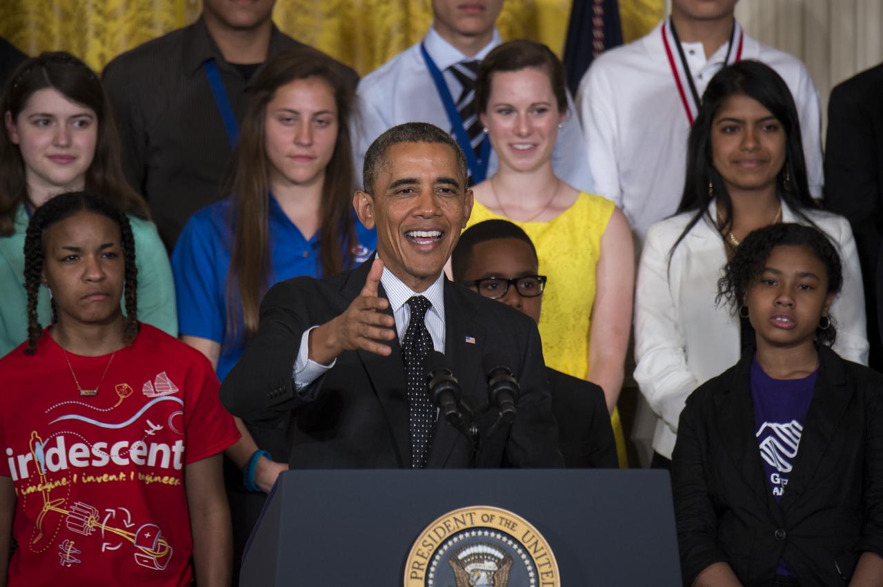 President Barack Obama spoke at the White House Science Fair Tuesday, May 27, 2014 at the White House. NASA Administrator Charles Bolden attended and was recognized by the President at the fourth White House Science Fair, which included 100 students from more than 30 different states who competed in science, technology, engineering, and math (STEM) competitions. (Photo Credit: NASA/Aubrey Gemignani)