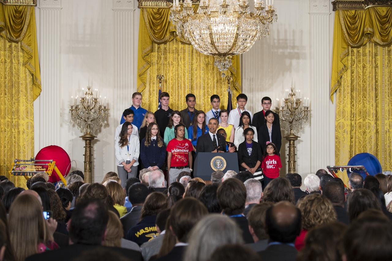 President Barack Obama spoke at the White House Science Fair Tuesday, May 27, 2014 at the White House. NASA Administrator Charles Bolden attended and was recognized by the President at the fourth White House Science Fair, which included 100 students from more than 30 different states who competed in science, technology, engineering, and math (STEM) competitions. (Photo Credit: NASA/Aubrey Gemignani)