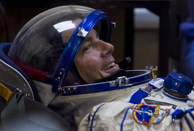 Expedition 40 Flight Engineer Reid Wiseman of NASA has his Russian Sokol suit pressure checked in preparation for his launch onboard the Soyuz TMA-13M spacecraft on Wednesday, May 28, 2014 at the Baikonur Cosmodrome in Kazakhstan. The Soyuz spacecraft with Wiseman, Expedition 40 Soyuz Commander Maxim Suraev of the Russian Federal Space Agency, Roscosmos, and Flight Engineer Alexander Gerst of the European Space Agency, ESA, is scheduled to launch at 1:57 a.m. Kazakhstan time on Thursday, May 29. Photo Credit: (NASA/Joel Kowsky)