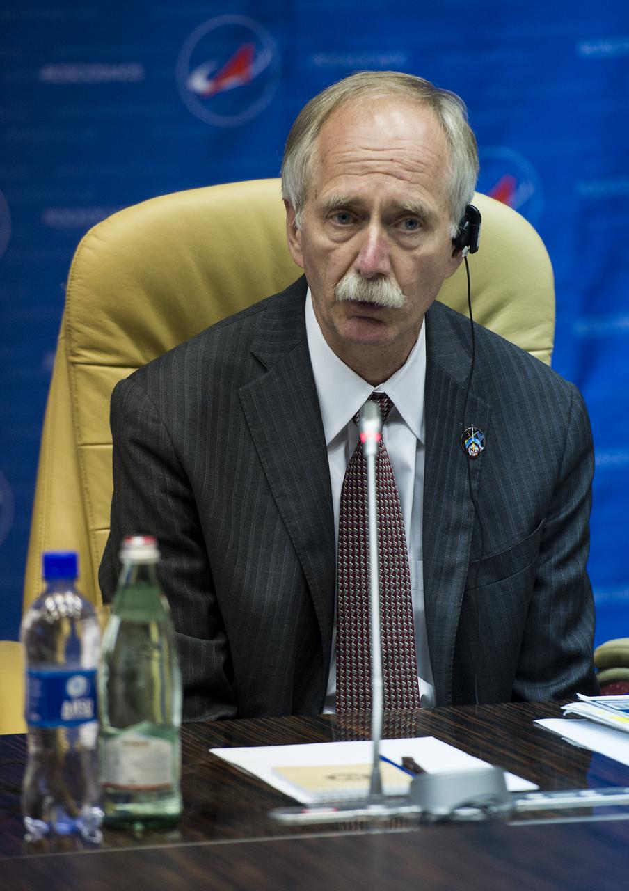 William Gerstenmaier, NASA Associate Administrator for Human Exploration and Operations, speaks during a joint statement with Jean-Jacques Dordain, Director General of the European Space Agency, and Oleg Ostapenko, General Director of the Russian Federal Space Agency, Roscosmos, following the docking of the Soyuz TMA-13M spacecraft with the International Space Station on Thursday, May 29, 2014 at the Baikonur Hotel in Baikonur, Kazakhstan. The three spoke on the importance of international cooperation in human spaceflight.  Photo Credit: (NASA/Joel Kowsky)