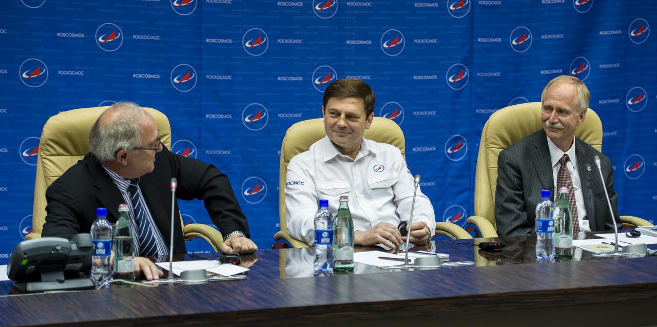 Jean-Jacques Dordain, Director General of the European Space Agency, left, Oleg Ostapenko, General Director of the Russian Federal Space Agency, Roscosmos, center, and William Gerstenmaier, NASA Associate Administrator for Human Exploration and Operations, right, are seen during a joint statement after the docking of the Soyuz TMA-13M spacecraft with the International Space Station on Thursday, May 29, 2014 at the Baikonur Hotel in Baikonur, Kazakhstan.  The three spoke on the importance of international cooperation in human spaceflight.  Photo Credit: (NASA/Joel Kowsky)