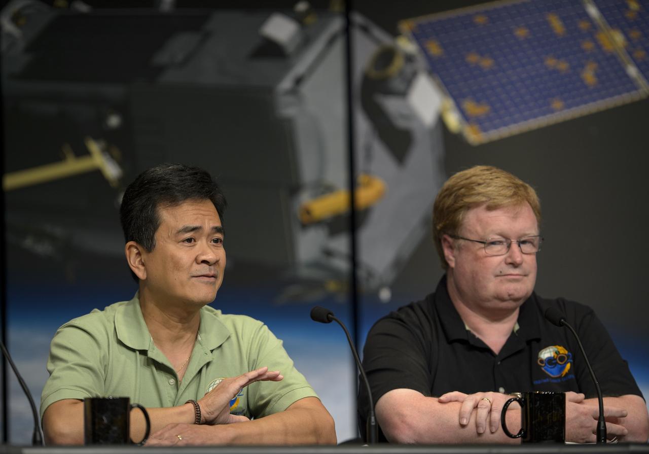 Ralph Basilio, OCO-2 project manager with NASA’s Jet Propulsion Laboratory (JPL) in Pasadena, California, left, and Mike Gunson, OCO-2 project scientist at JPL, discuss the Orbiting Carbon Observatory-2 (OCO-2), NASA’s first spacecraft dedicated to studying carbon dioxide, during a press briefing, Thursday, June 12, 2014, at NASA Headquarters in Washington. OCO-2 is set for a July 1, 2014 launch from Vandenberg Air Force Base in California. Its mission is to measure the global distribution of carbon dioxide, the leading human-produced greenhouse gas driving changes in Earth’s climate.  Photo Credit: (NASA/Bill Ingalls)