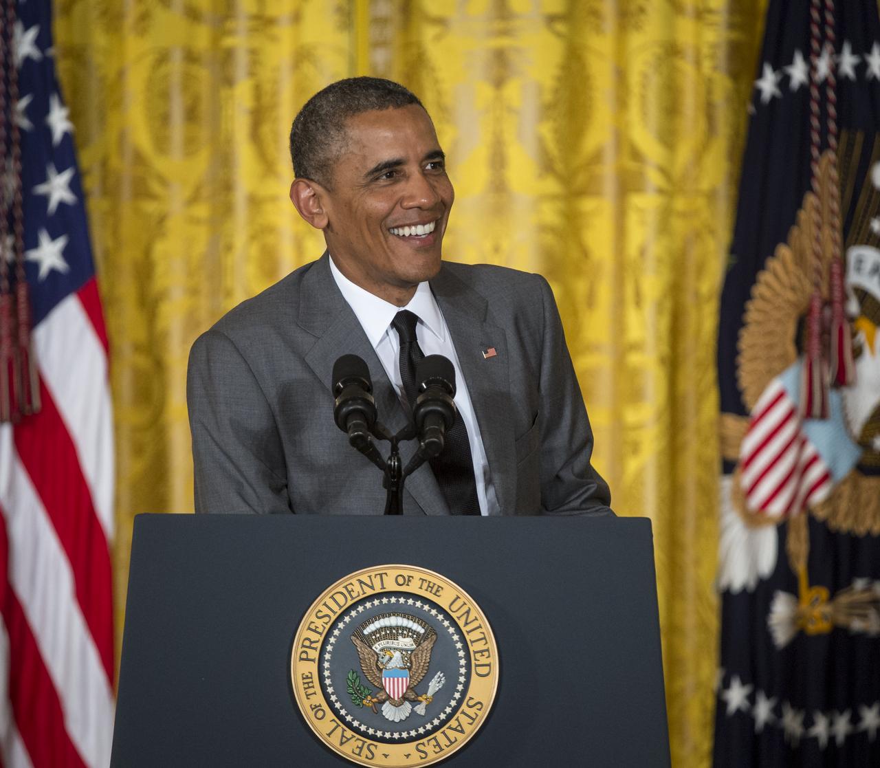 President Barack Obama delivers his remarks at the first ever White House Maker Faire, which brings together students, entrepreneurs, and everyday citizens who are using new tools and techniques to launch new businesses, learn vital skills in science, technology, engineering, and math (STEM), and fuel the renaissance in American manufacturing, at the White House, Wednesday, June 18, 2014 in Washington.  The President announced new steps the Administration and its partners are taking to support the ability of more Americans, young and old, to have to access to these tools and techniques and brings their ideas to life. Photo Credit: (NASA/Bill Ingalls)