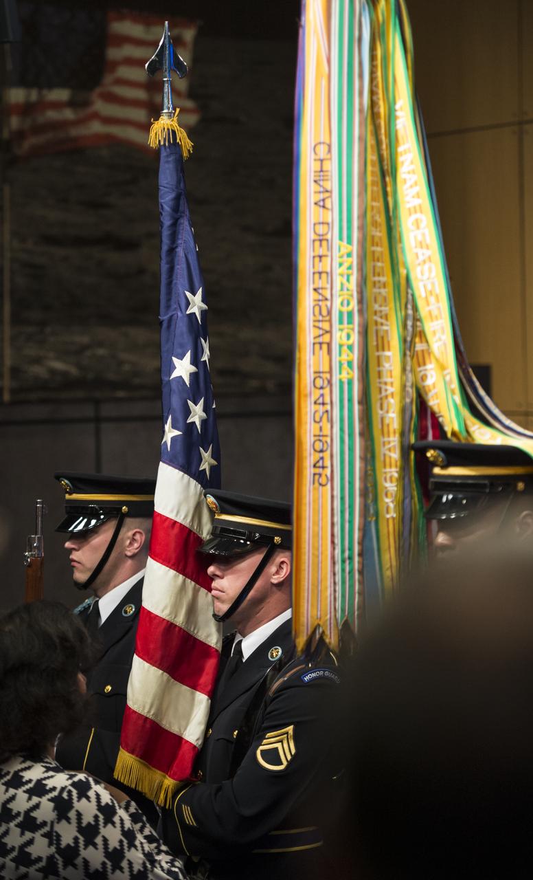 The Military District of Washington Armed Forces Color Guard presents the colors at an event celebrating the 50th Anniversary of the Civil Rights Act of 1964 on Monday, June 23, 2014 in the James E. Webb Auditorium at NASA Headquarters in Washington, DC. The event highlighted the influence of the Civil Rights Act on NASA.  Photo Credit: (NASA/Joel Kowsky)